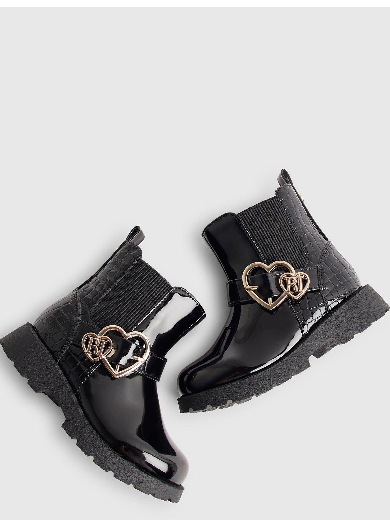 Image 4 of 5 of River Island Mini Girls Heart Buckle Chunky Sole Zip Boots - Black