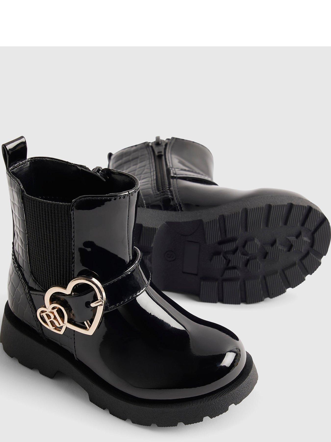 Image 5 of 5 of River Island Mini Girls Heart Buckle Chunky Sole Zip Boots - Black