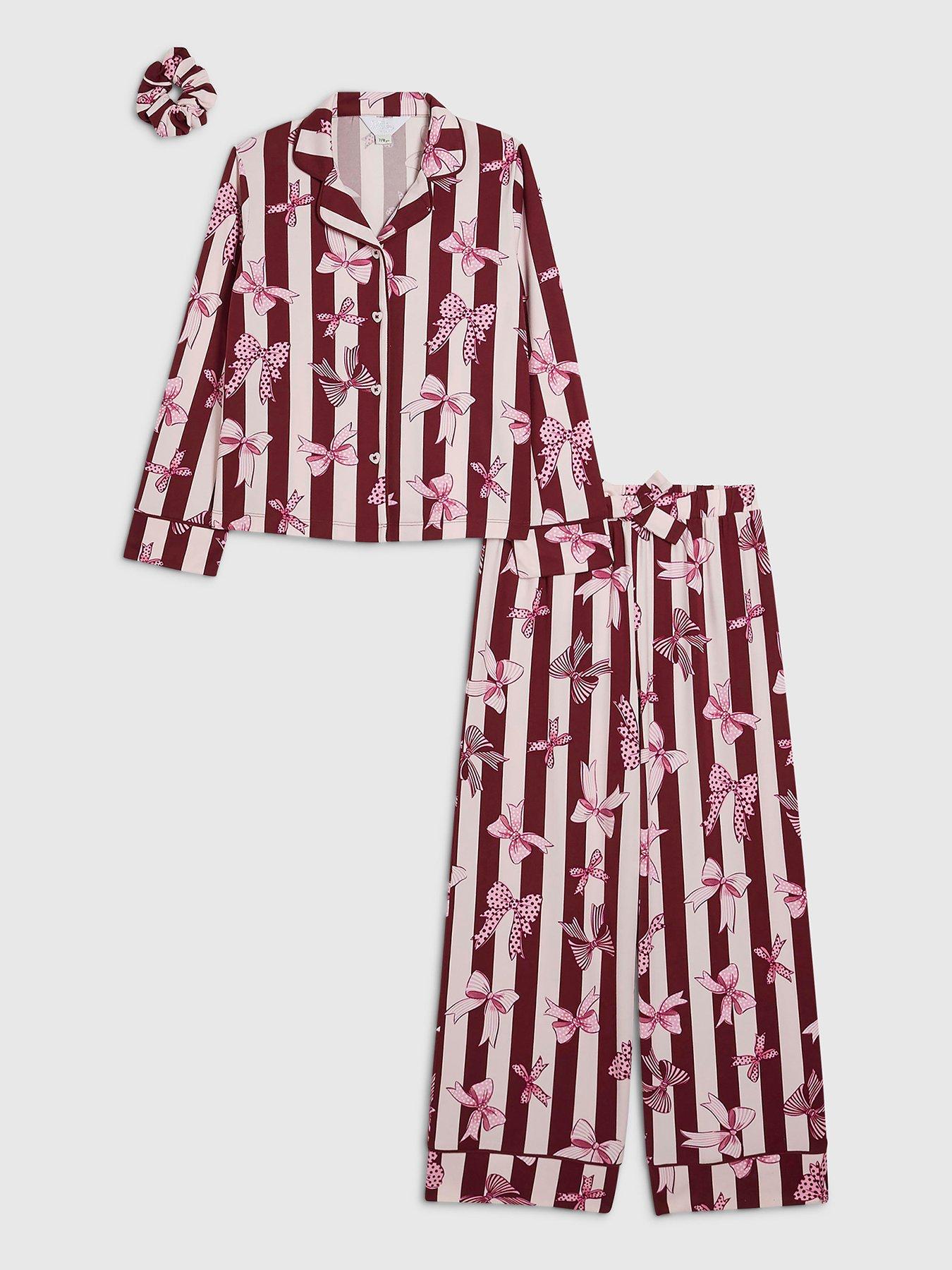 Image 1 of 5 of River Island Girls Burgundy Bow Button Up Pyjamas Set - Burgundy