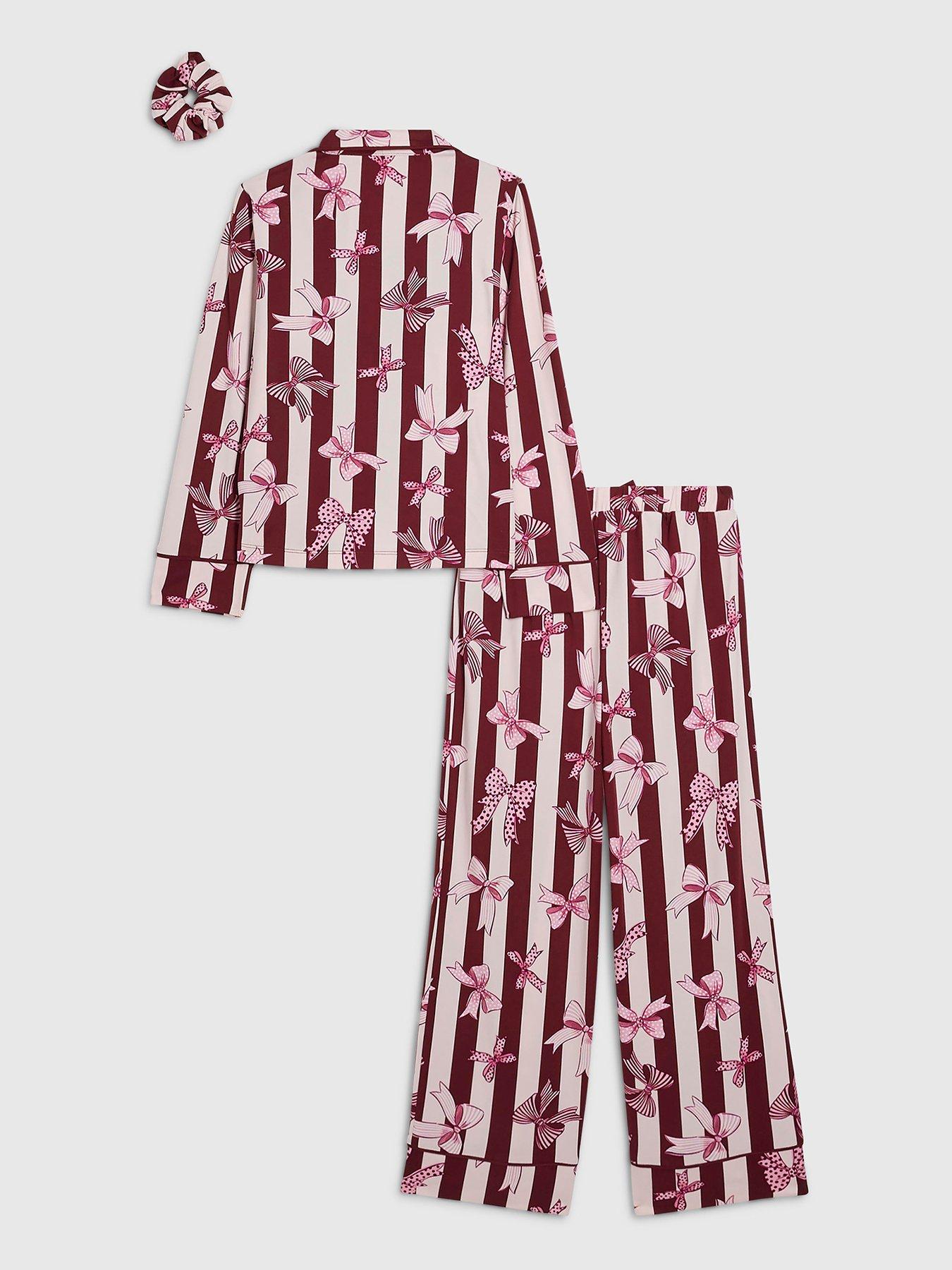 Image 2 of 5 of River Island Girls Burgundy Bow Button Up Pyjamas Set - Burgundy