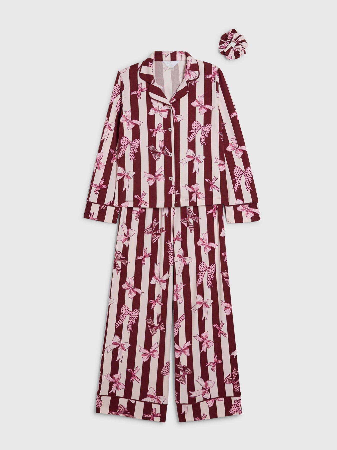 Image 3 of 5 of River Island Girls Burgundy Bow Button Up Pyjamas Set - Burgundy