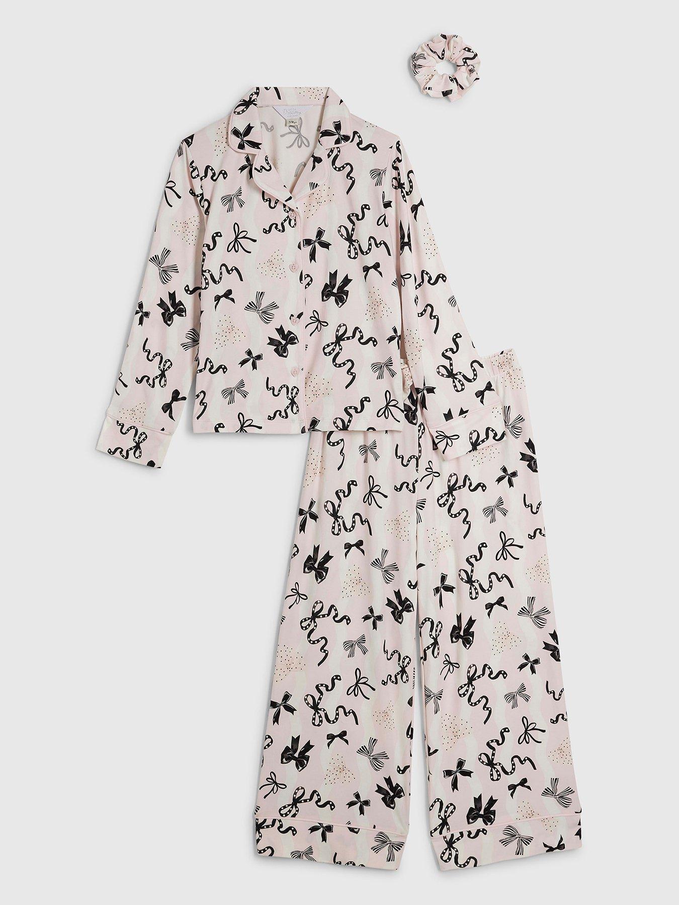 Image 1 of 3 of River Island Girls Bow Button Through Pyjama Set - Cream