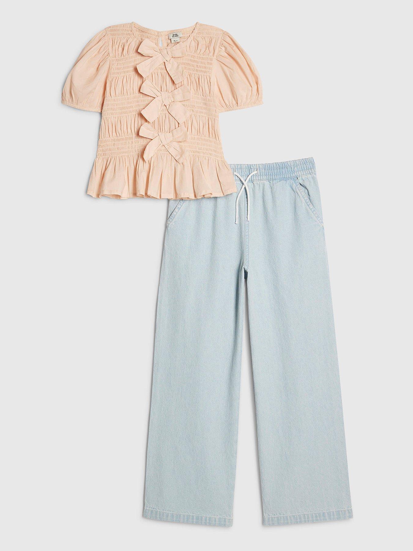 River Island Girls Bow Top  &  Jeans Set - Pink