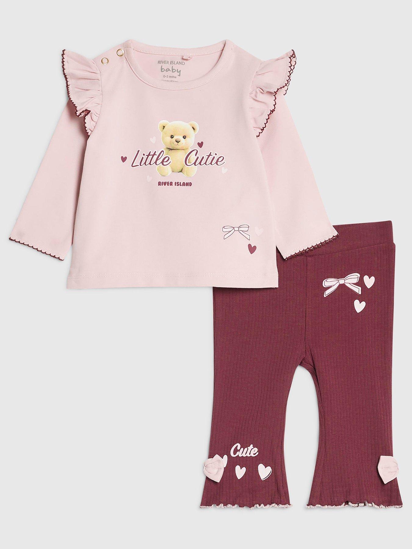 Image 1 of 5 of River Island Baby Girls Little Cutie Bear 2 Piece Outfit Set - Pink