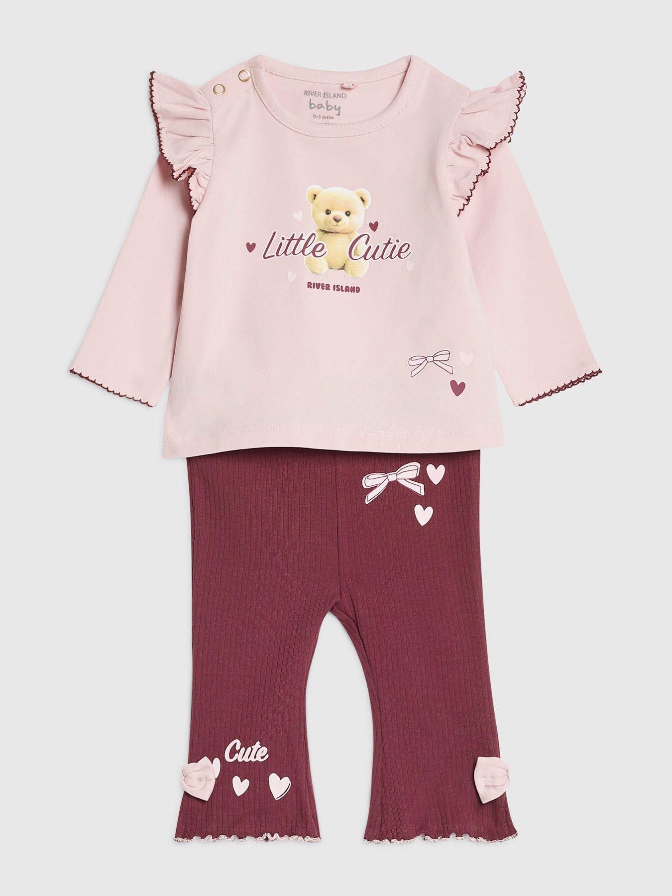 Image 3 of 5 of River Island Baby Girls Little Cutie Bear 2 Piece Outfit Set - Pink
