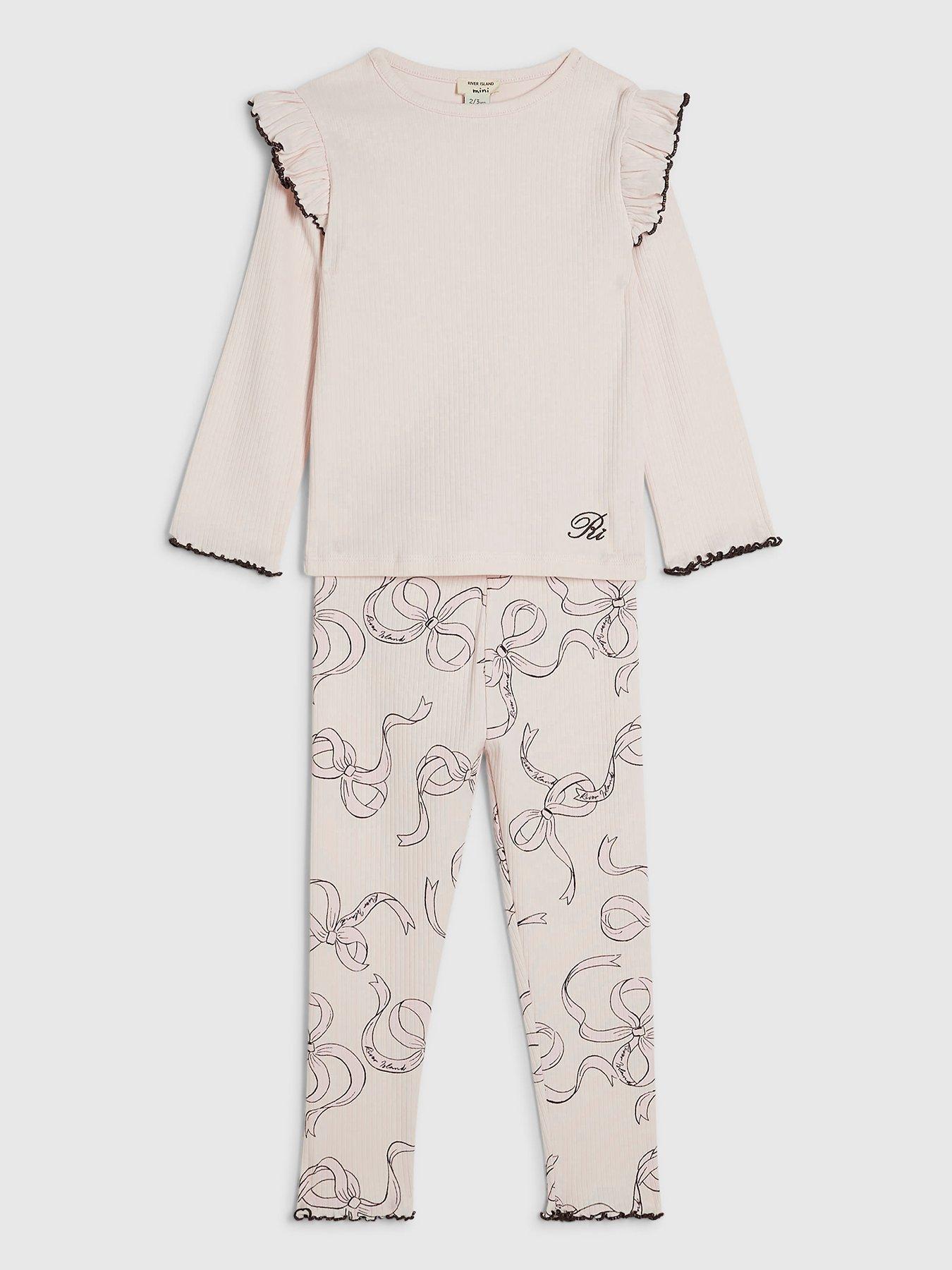 Image 1 of 4 of River Island Mini Girls Bow Frill Ribbed T-Shirt Set - Pink