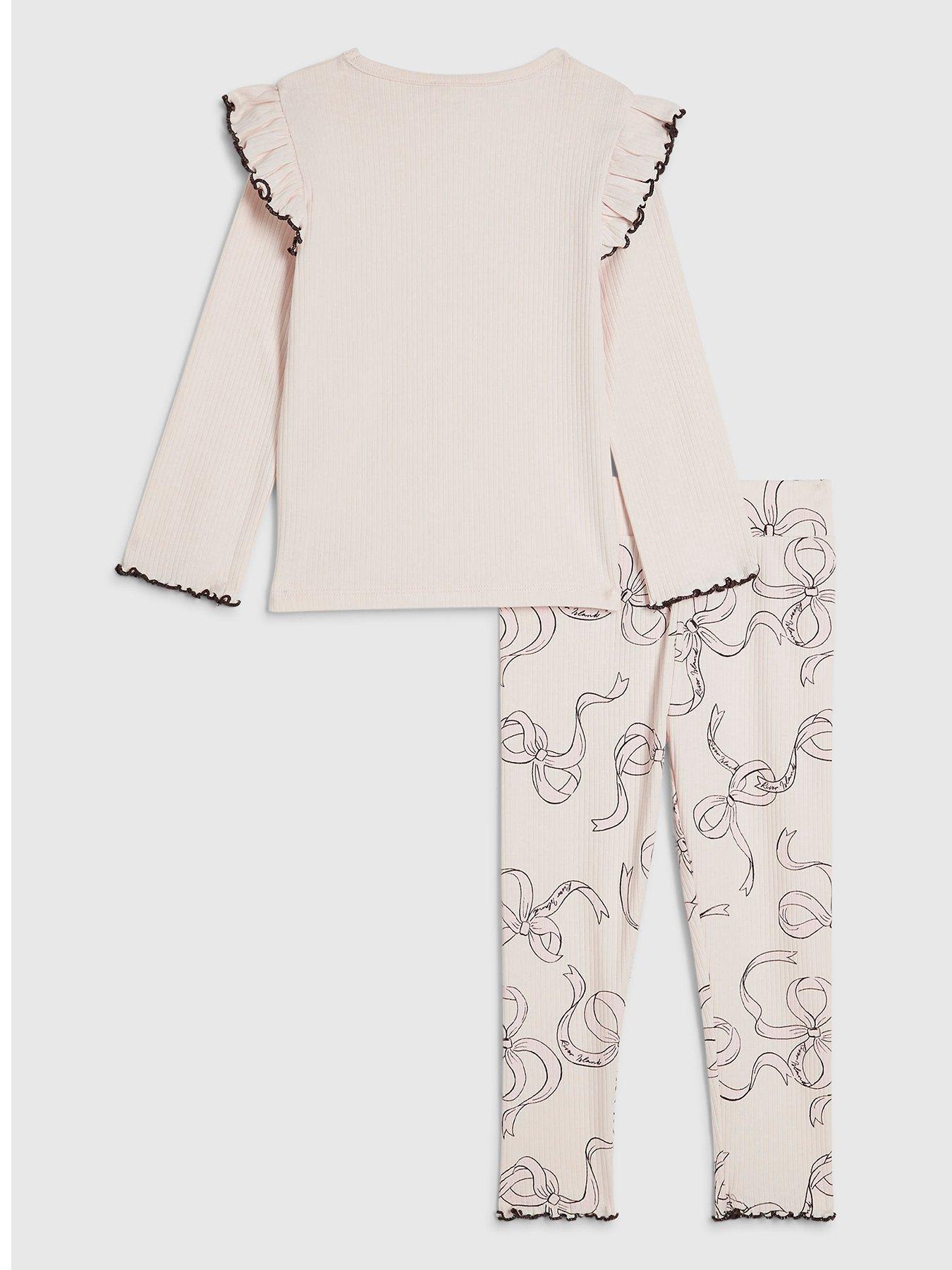 Image 2 of 4 of River Island Mini Girls Bow Frill Ribbed T-Shirt Set - Pink