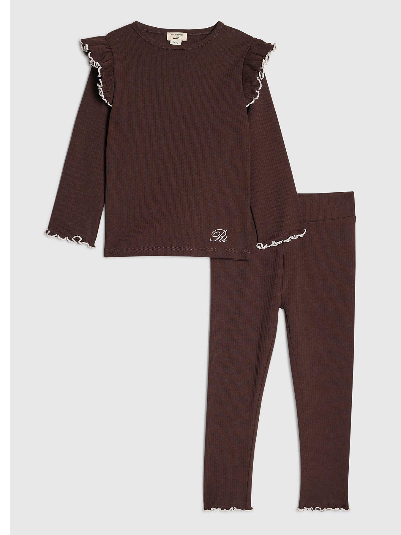River Island Mini Girls Frilled Ribbed Top Set - Brown