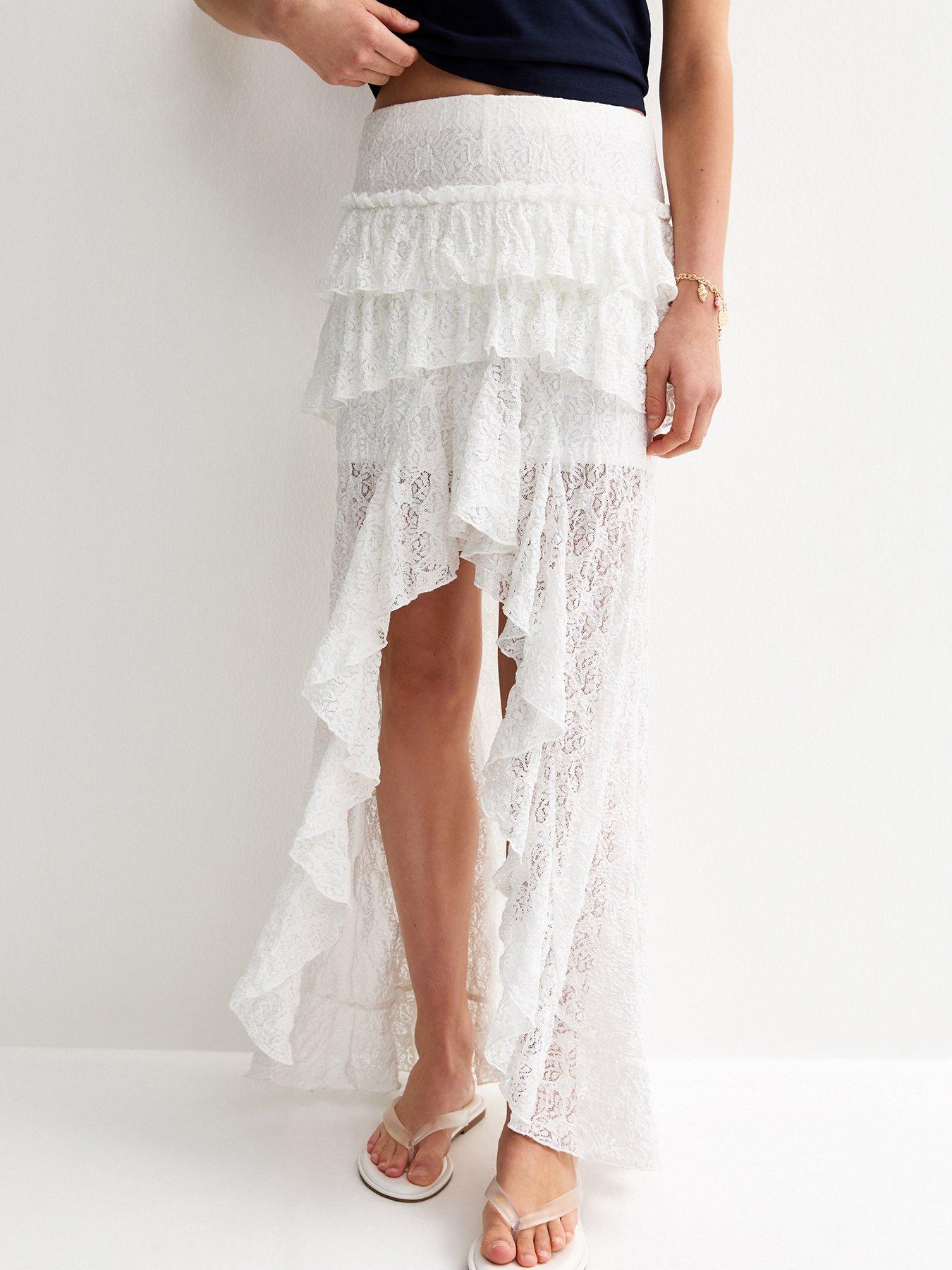 New Look 915 Girls Lace Asymmetric Hem Maxi Skirt - White