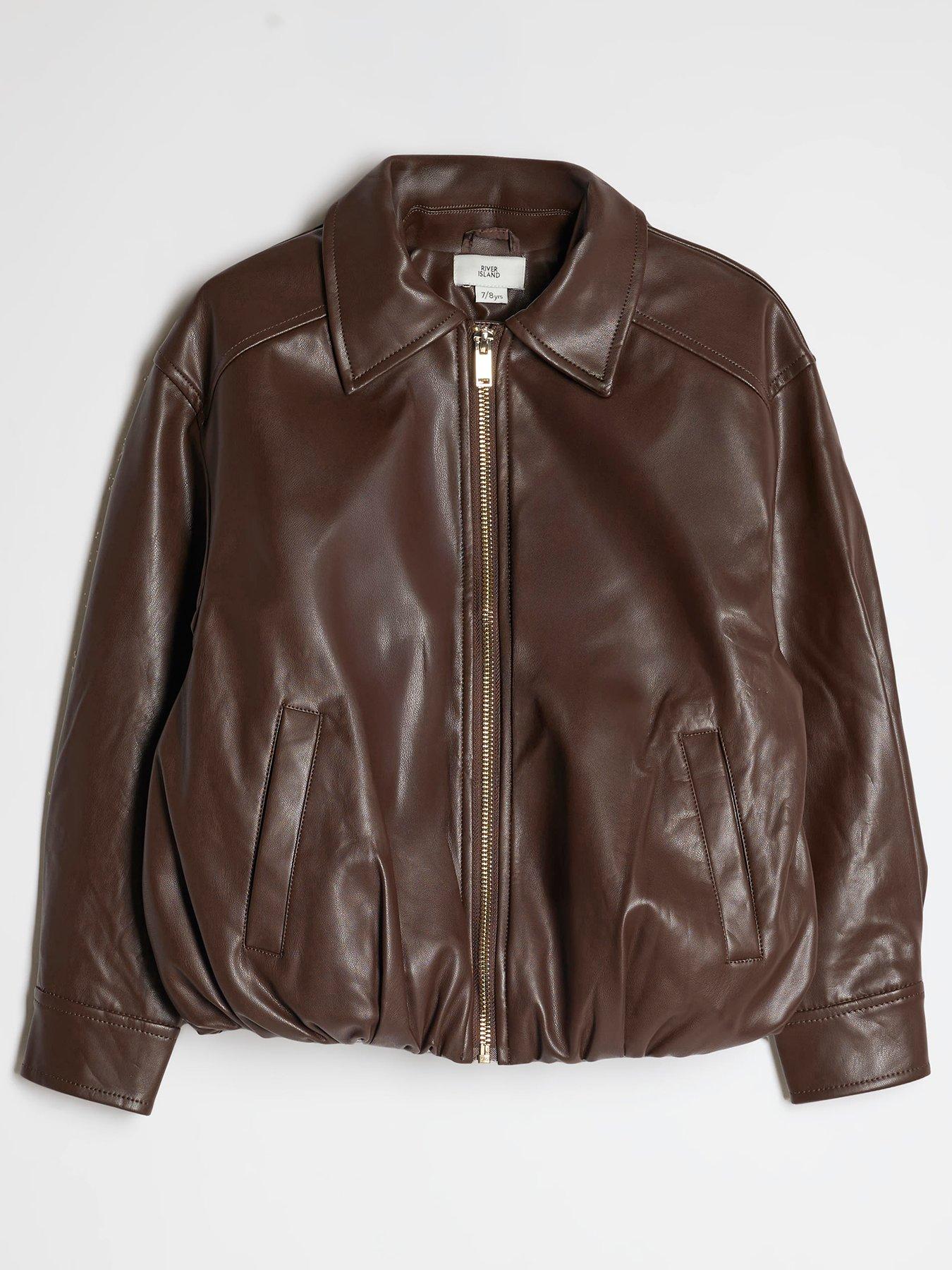 Image 1 of 4 of River Island Girls Faux Leather Bubble Bomber Jacket - Brown
