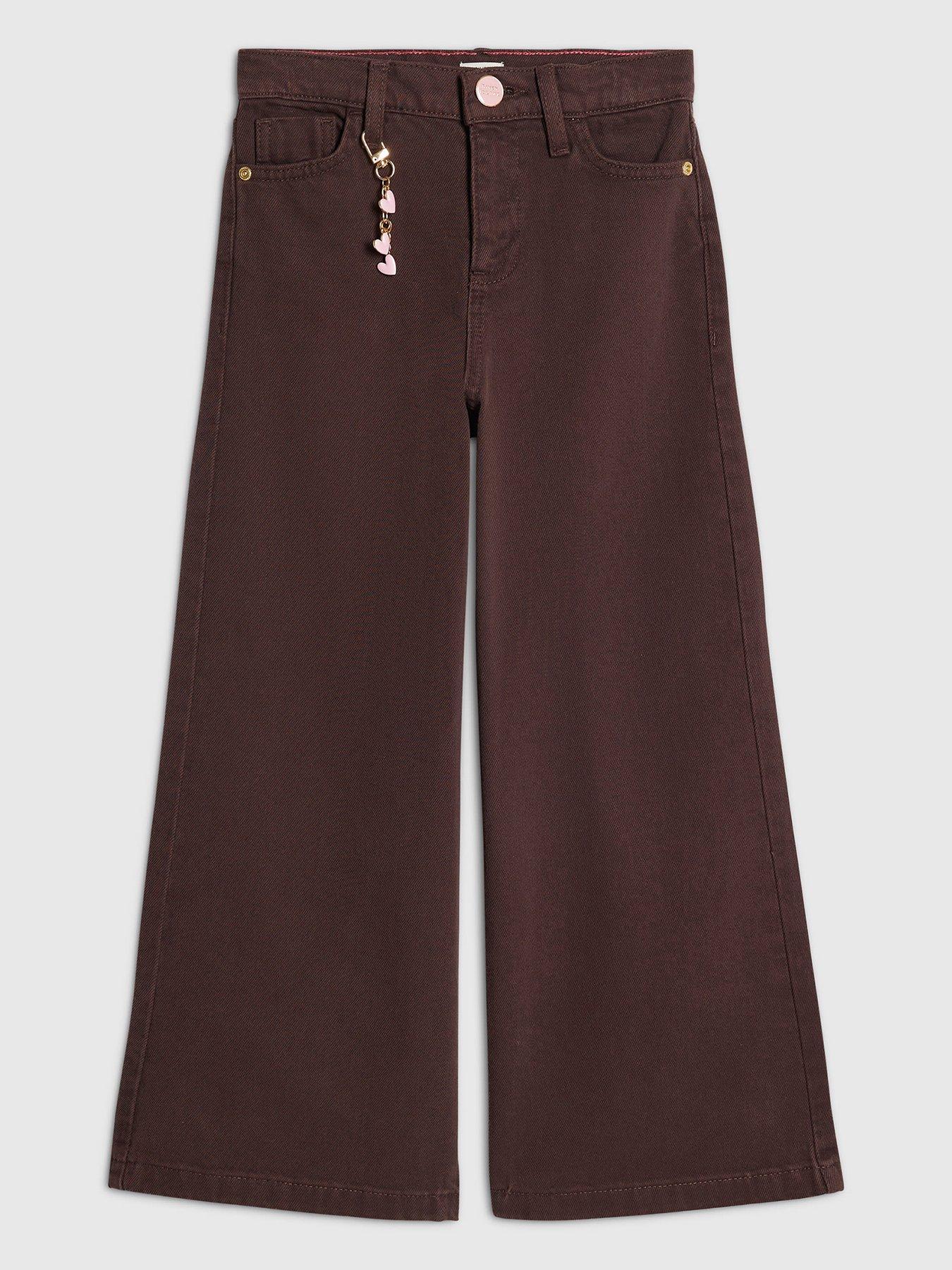 Image 1 of 4 of River Island Girls Heart Charm Wide Leg Jeans - Brown