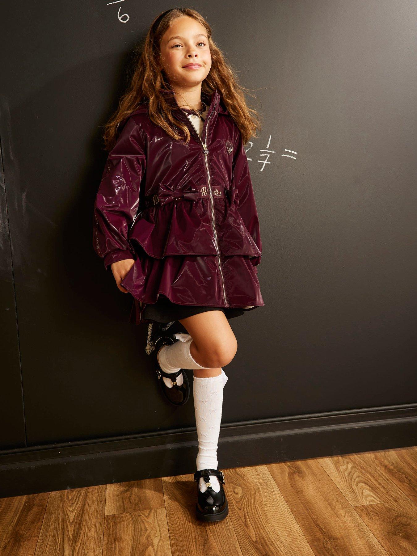 Image 1 of 5 of River Island Girls Burgundy Frill Bow Raincoat - Burgundy