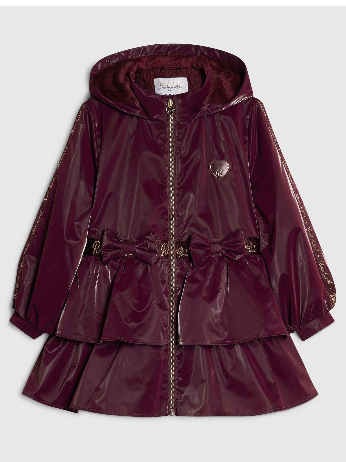 Image 2 of 5 of River Island Girls Burgundy Frill Bow Raincoat - Burgundy