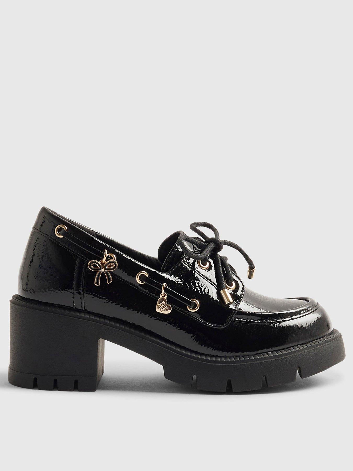 River Island Older Girls Patent Lace Up Heeled Boat Shoes - Black