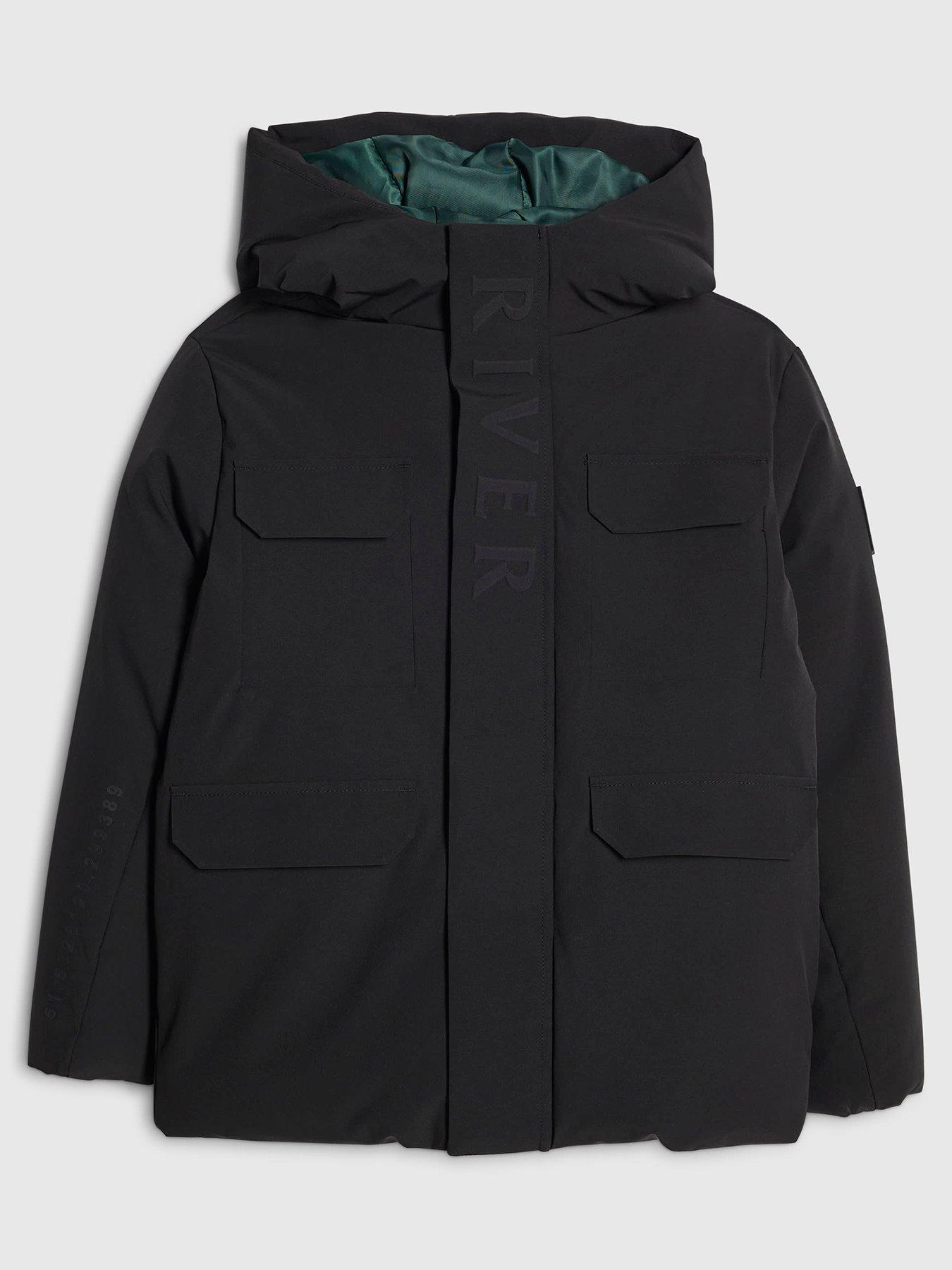 River Island Boys Embossed Hooded Coat - Black