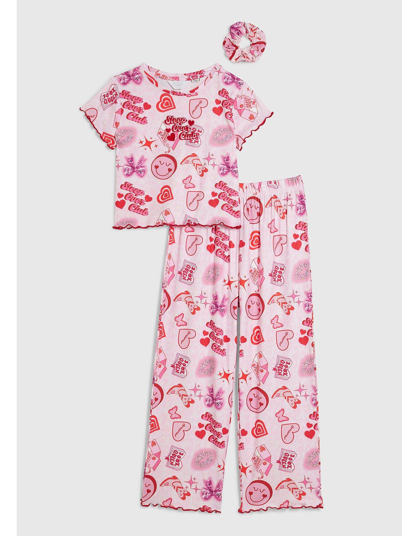 Image 1 of 5 of River Island Girls Pink Glitter Graffiti Pyjamas Set - Pink