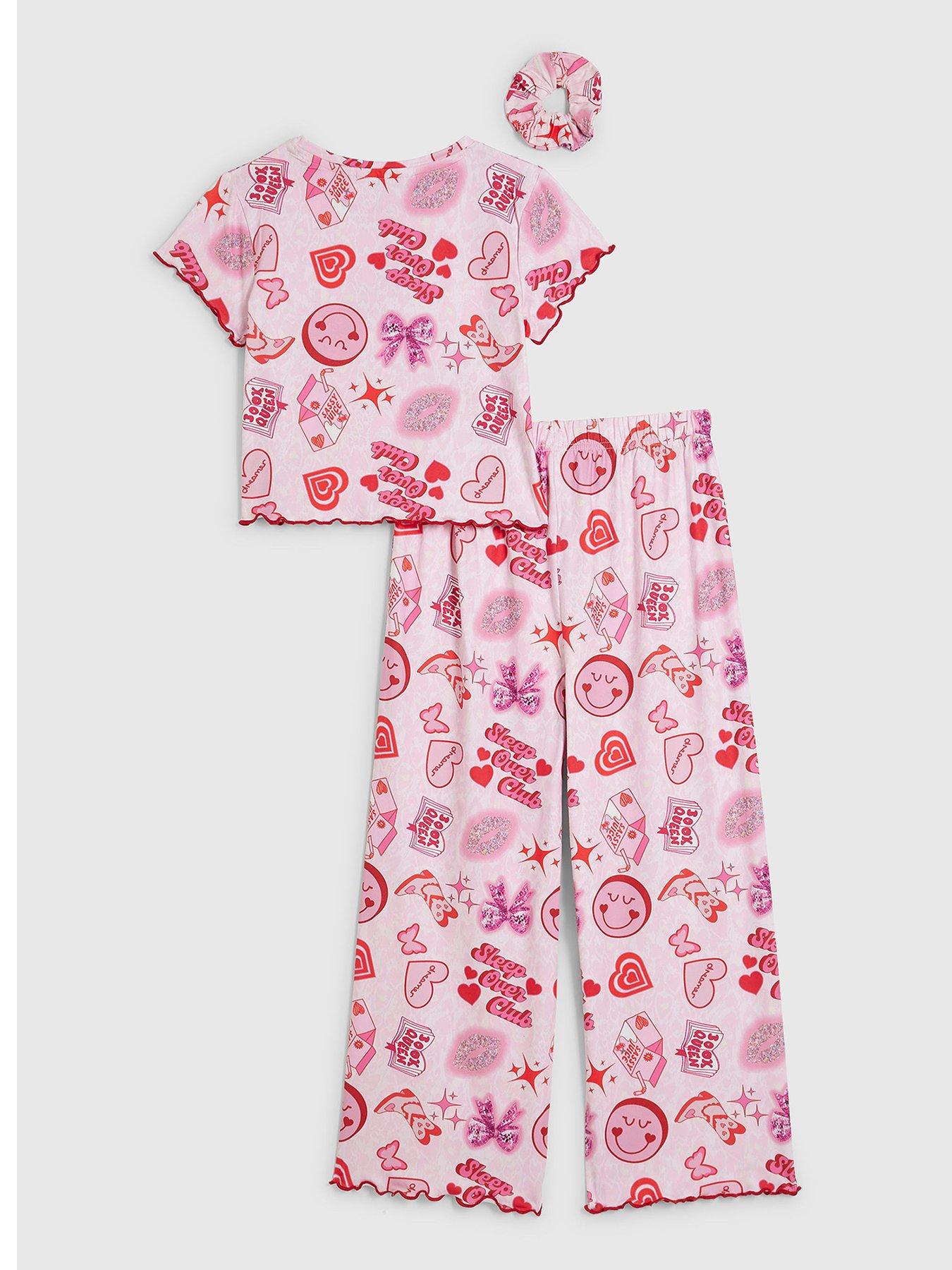 Image 2 of 5 of River Island Girls Pink Glitter Graffiti Pyjamas Set - Pink