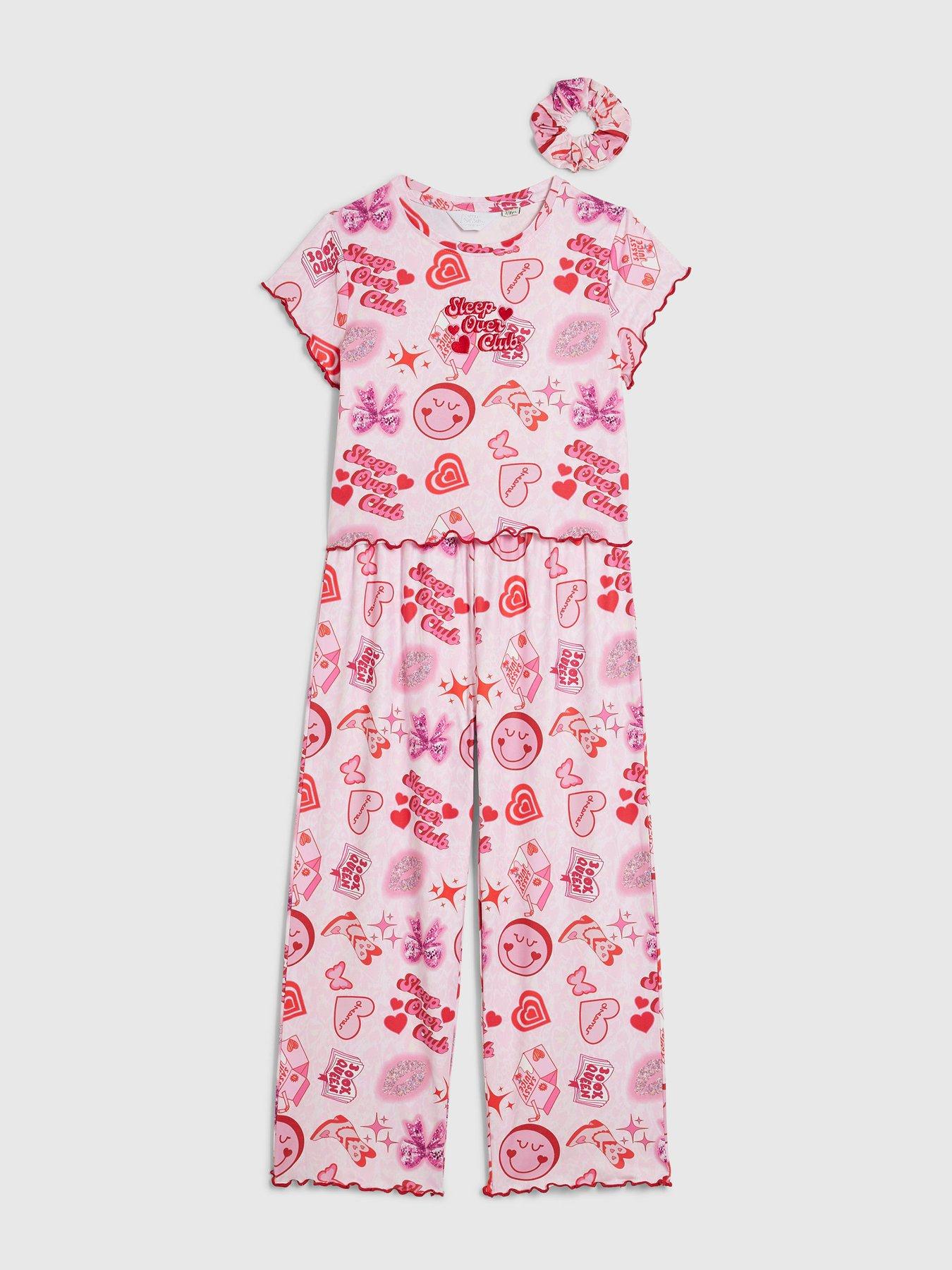 Image 3 of 5 of River Island Girls Pink Glitter Graffiti Pyjamas Set - Pink