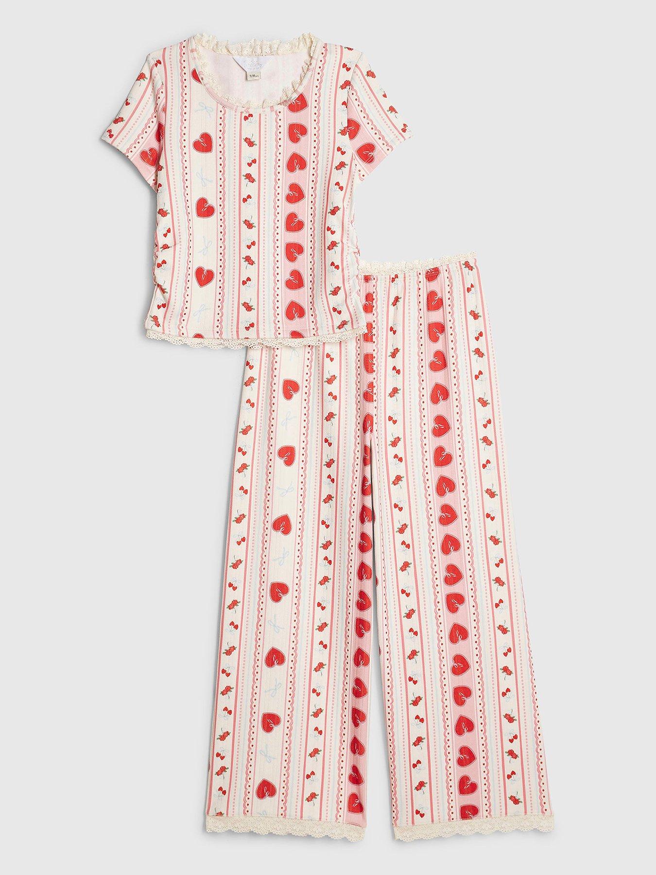 Image 1 of 4 of River Island Girls Heart Pointelle Pyjama Set - Cream