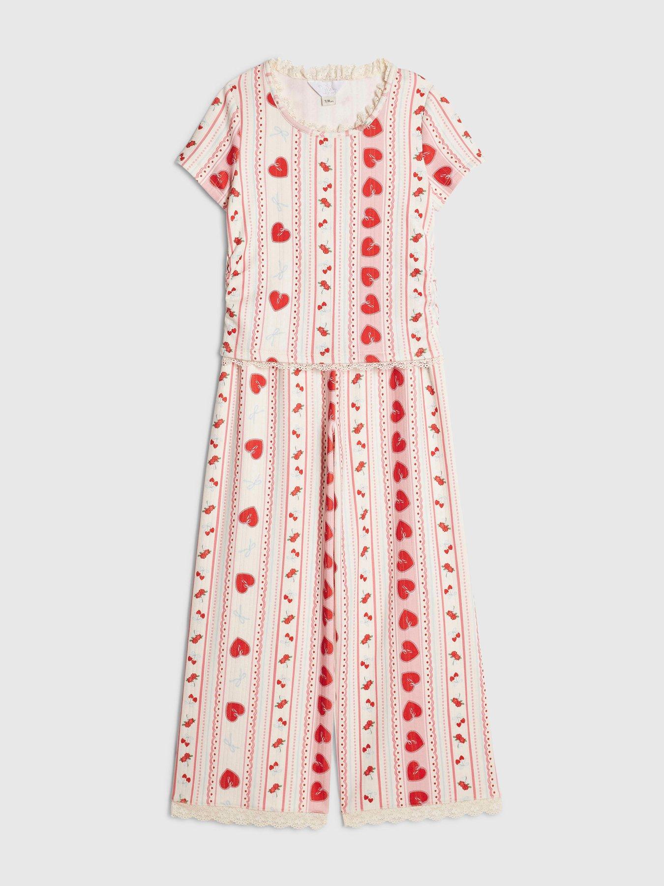 Image 2 of 4 of River Island Girls Heart Pointelle Pyjama Set - Cream
