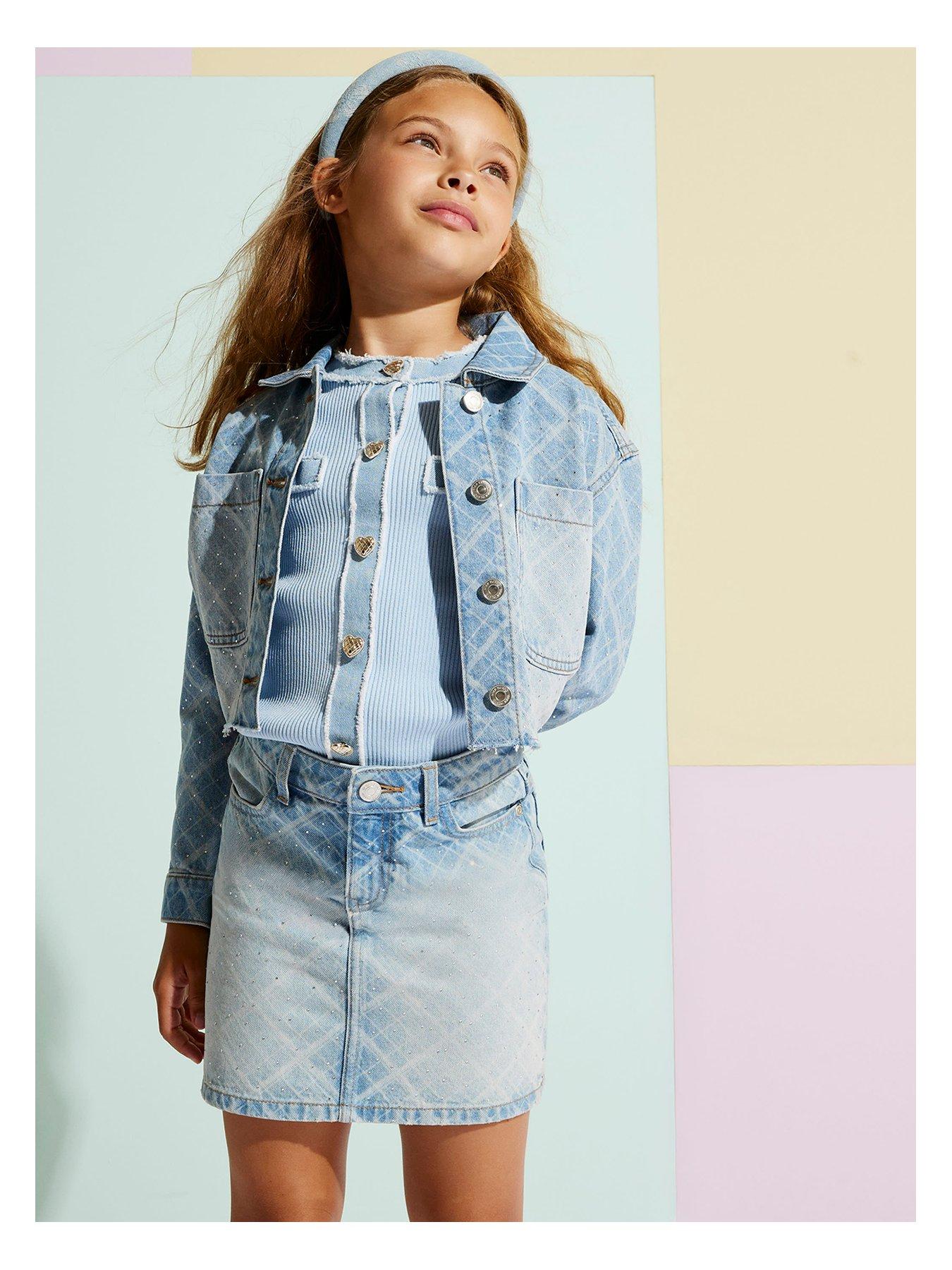 River Island Girls Denim Embellished Check Skirt - Blue