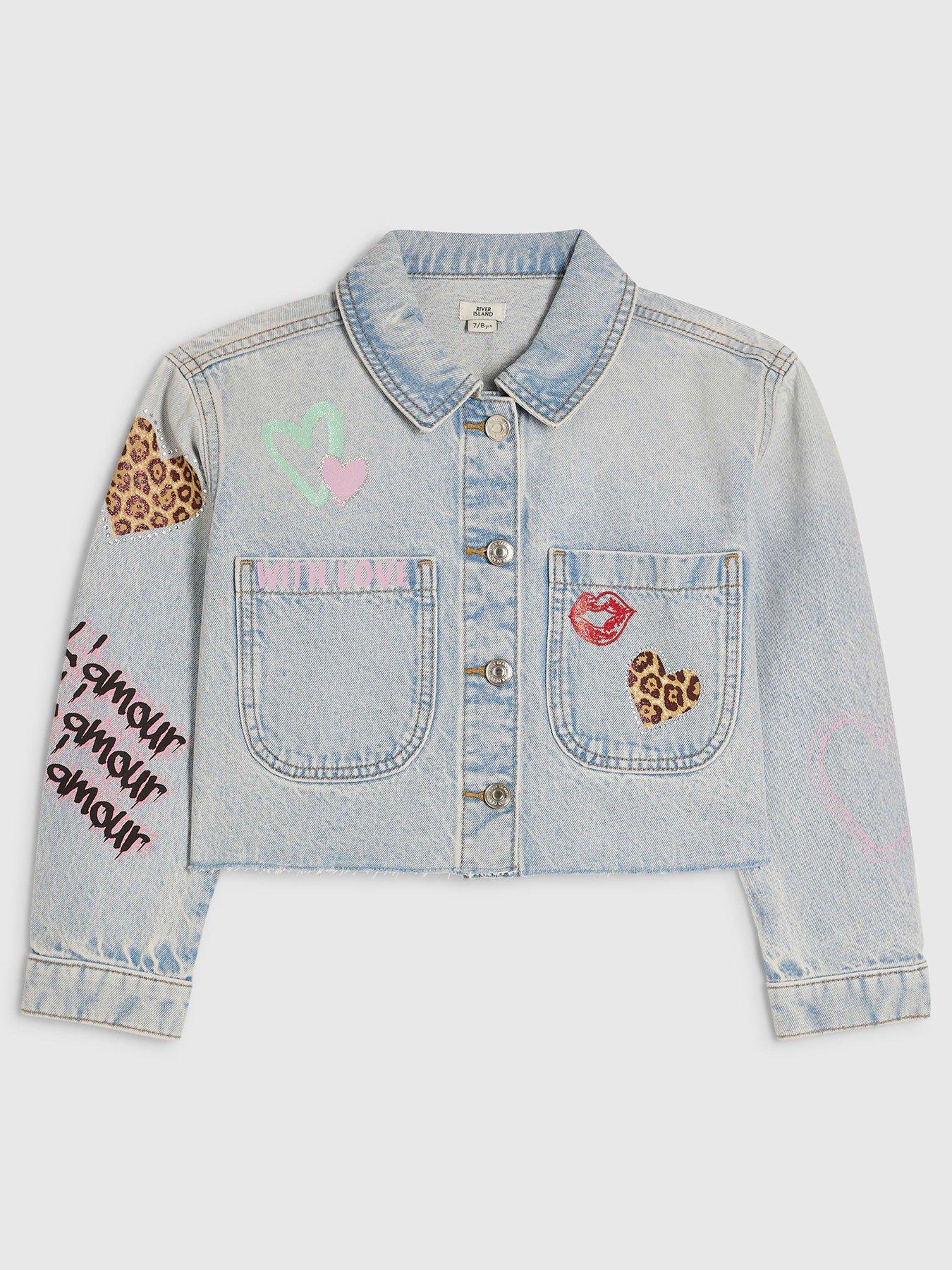 Image 1 of 3 of River Island Girls Leopard Heart Denim Jacket - Blue