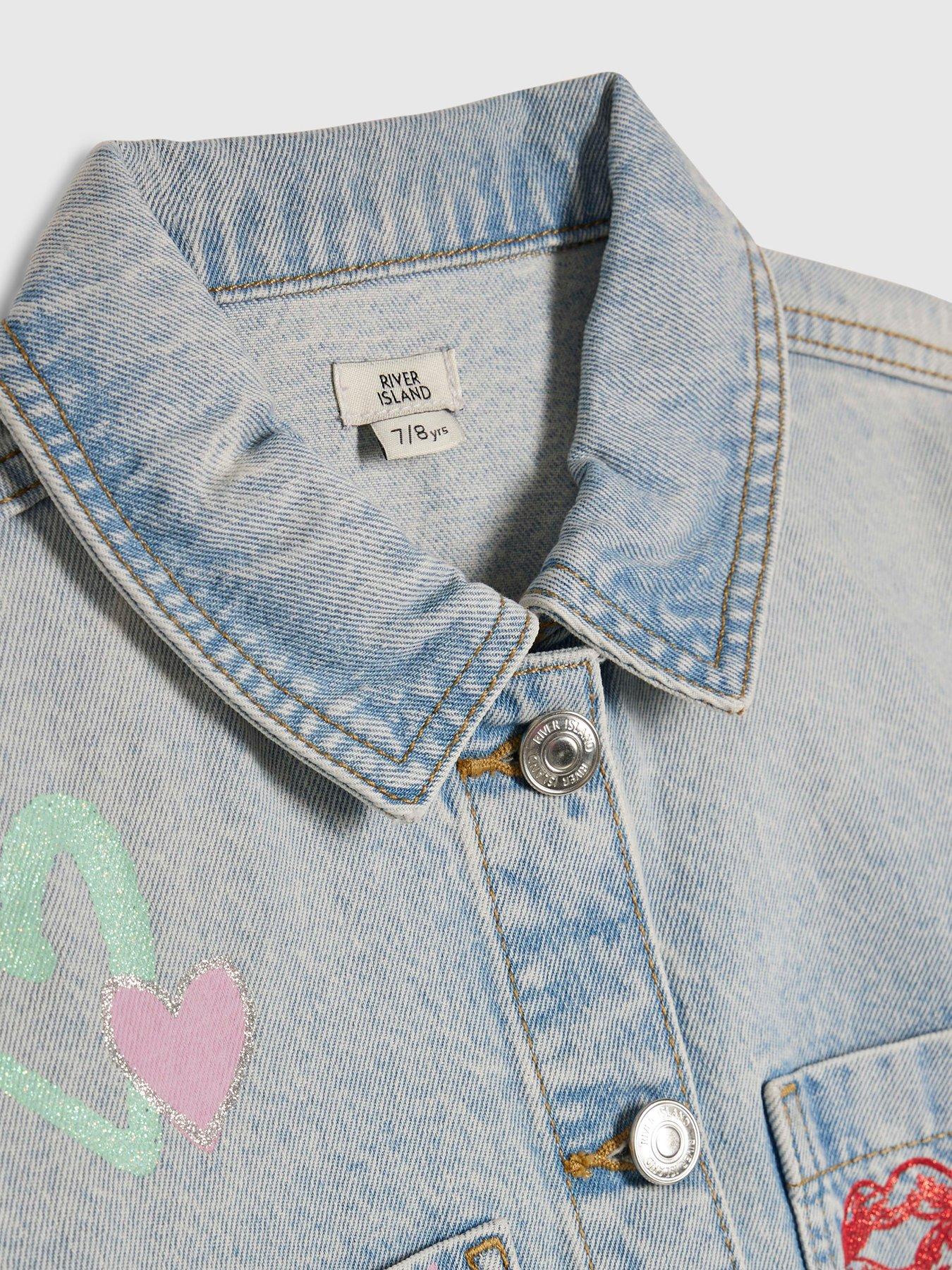 Image 2 of 3 of River Island Girls Leopard Heart Denim Jacket - Blue