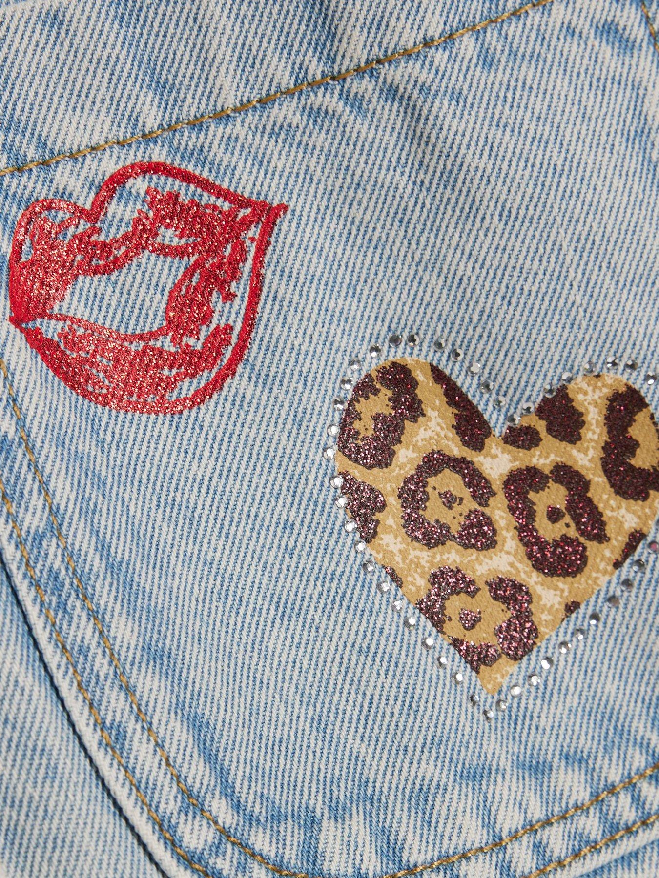 Image 3 of 3 of River Island Girls Leopard Heart Denim Jacket - Blue