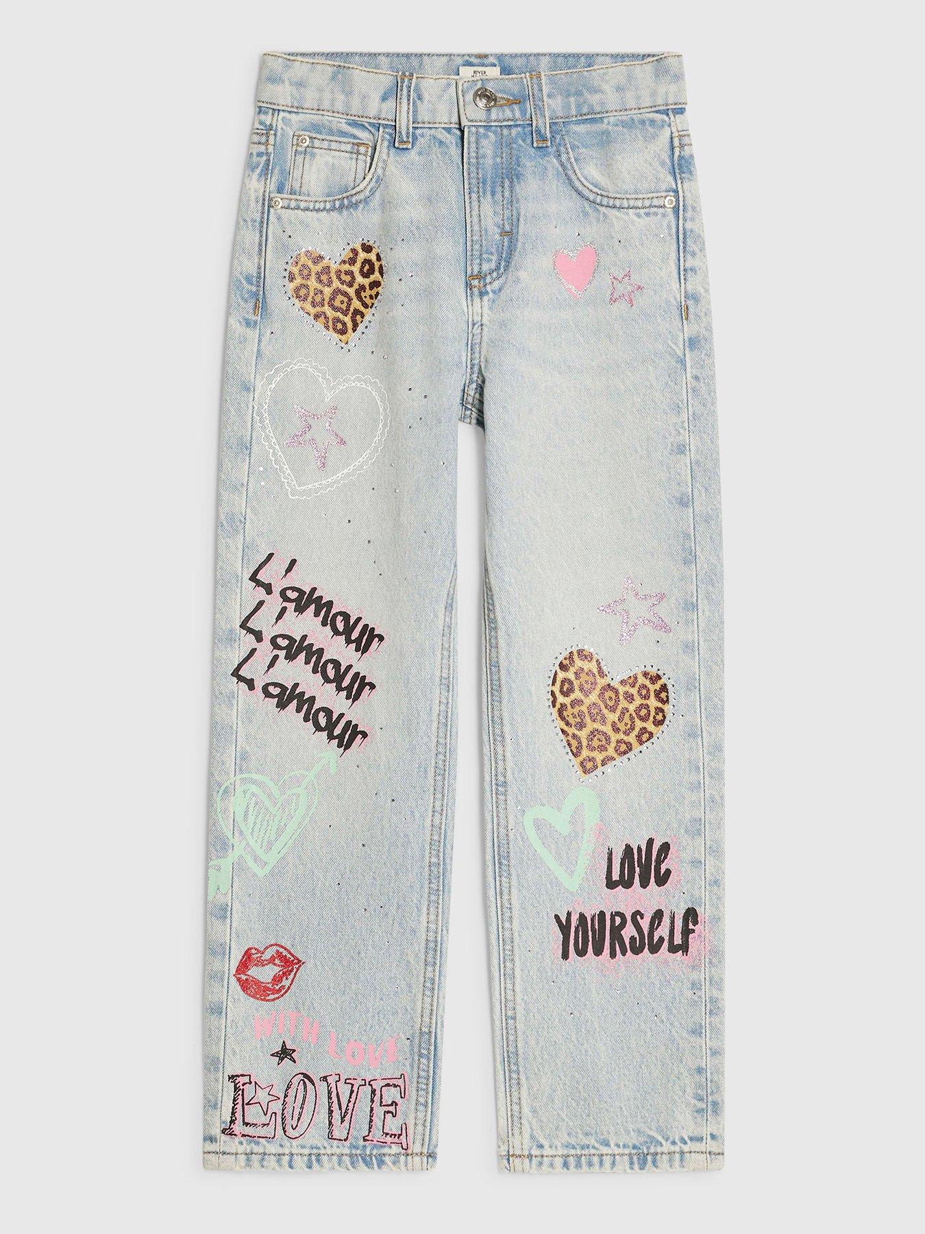 River Island Girls Leopard Heart Detail Jeans - Blue
