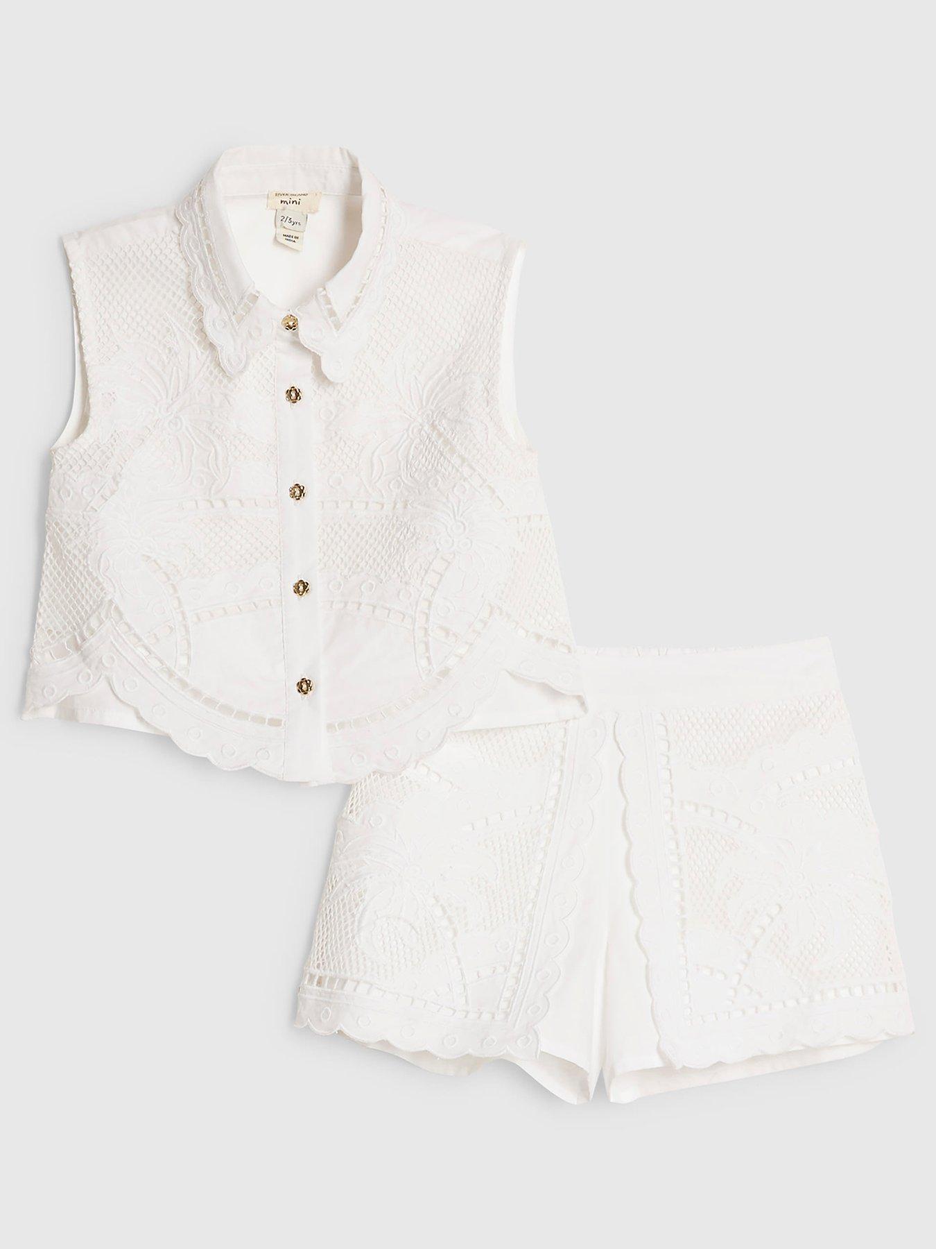 Image 1 of 5 of River Island Mini Girls Cutwork Frill Shirt And Shorts Set - White