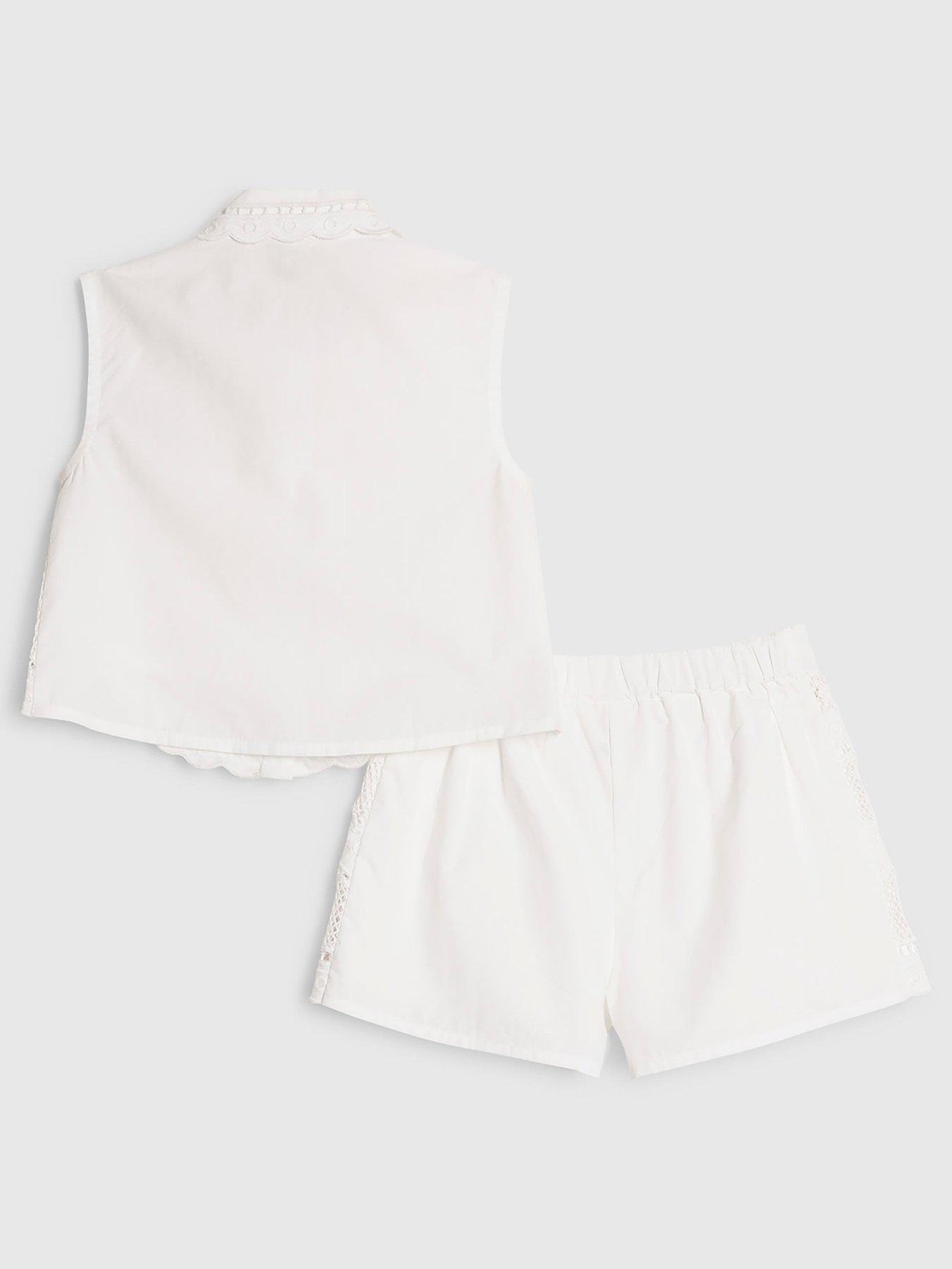 Image 2 of 5 of River Island Mini Girls Cutwork Frill Shirt And Shorts Set - White