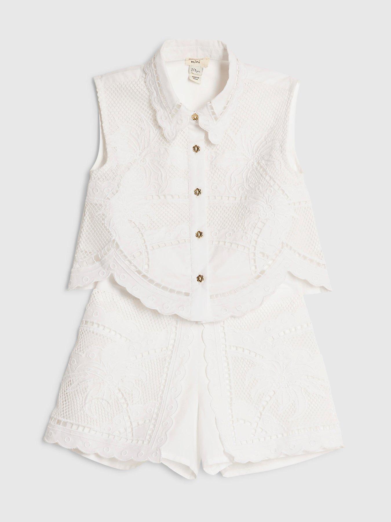 Image 3 of 5 of River Island Mini Girls Cutwork Frill Shirt And Shorts Set - White