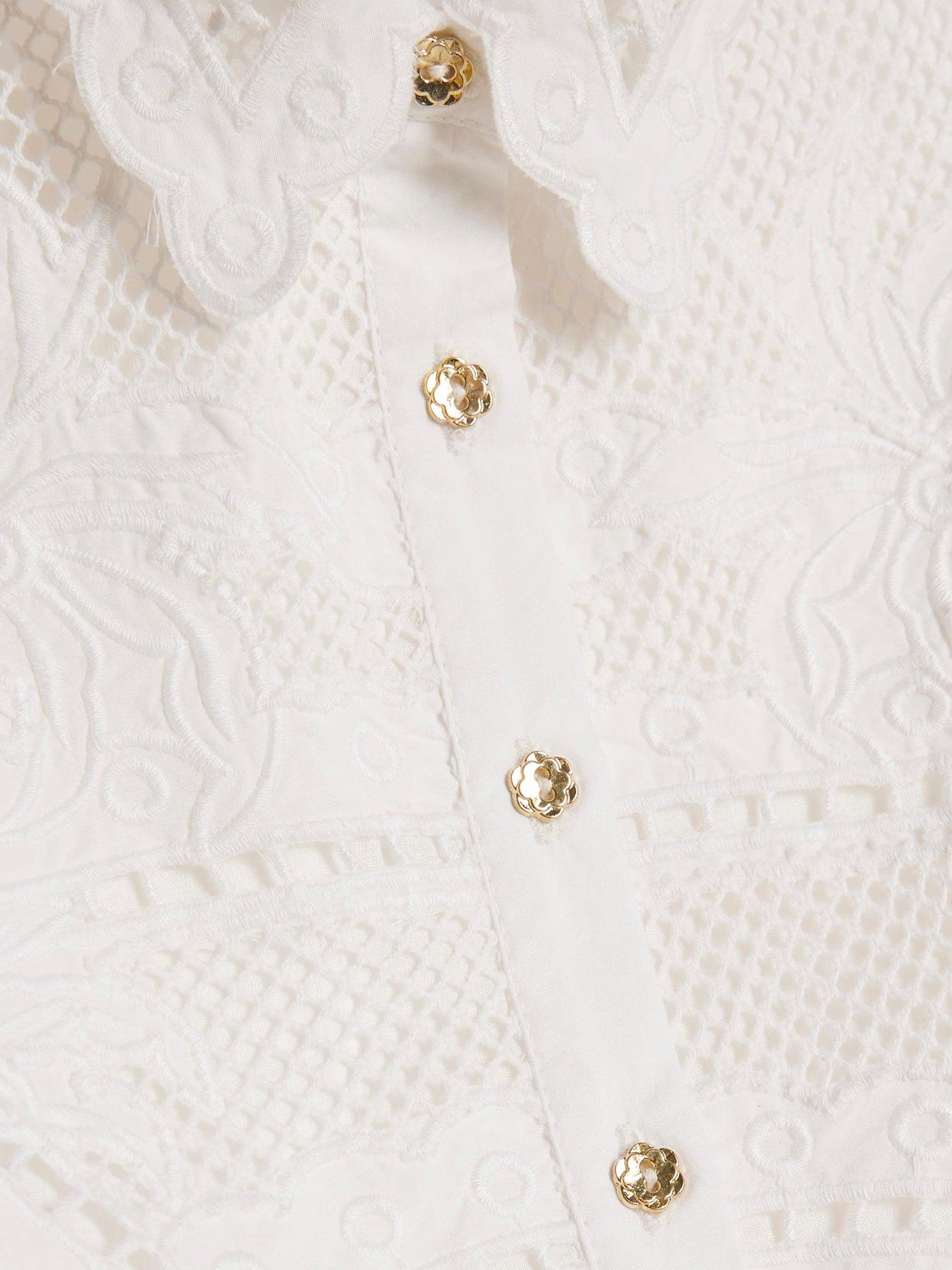 Image 5 of 5 of River Island Mini Girls Cutwork Frill Shirt And Shorts Set - White