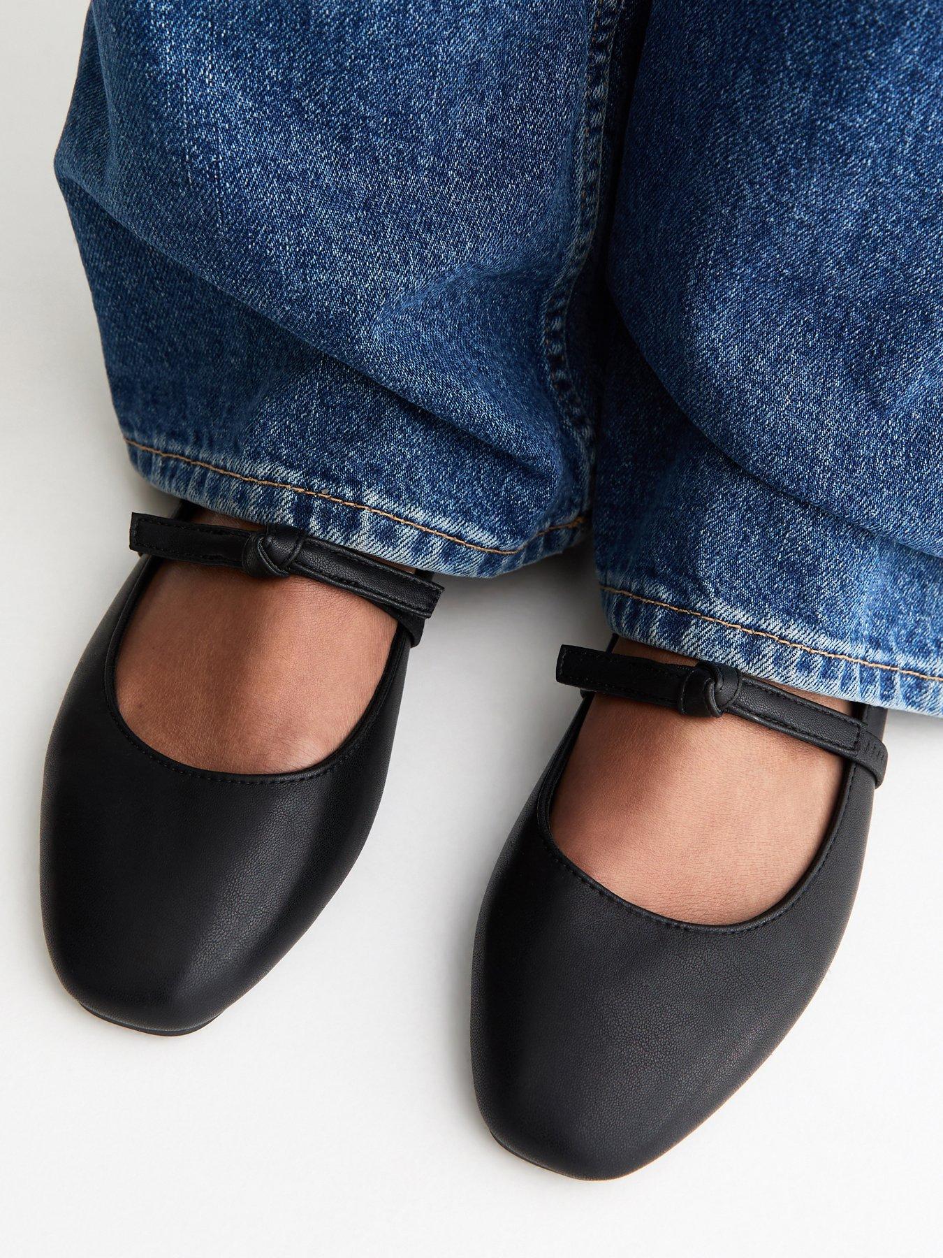New Look Wide Fit Faux Leather Bow Strap Mary Jane Flats - Black ...