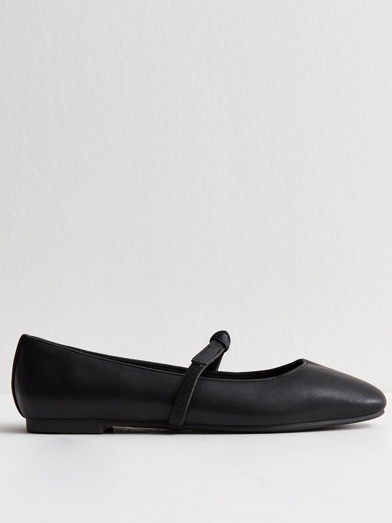 New Look Wide Fit Faux Leather Bow Strap Mary Jane Flats - Black ...