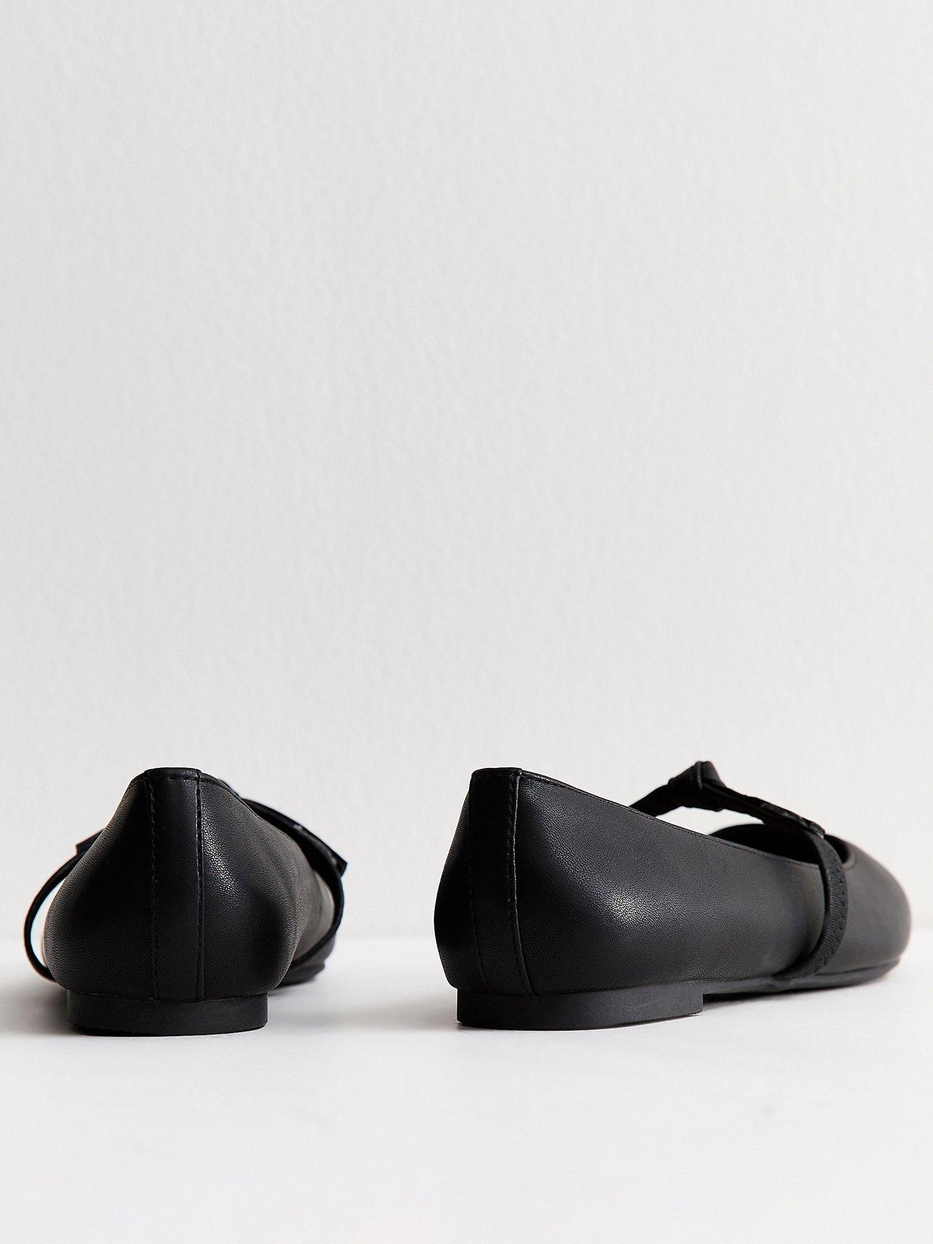 New Look Wide Fit Faux Leather Bow Strap Mary Jane Flats - Black ...