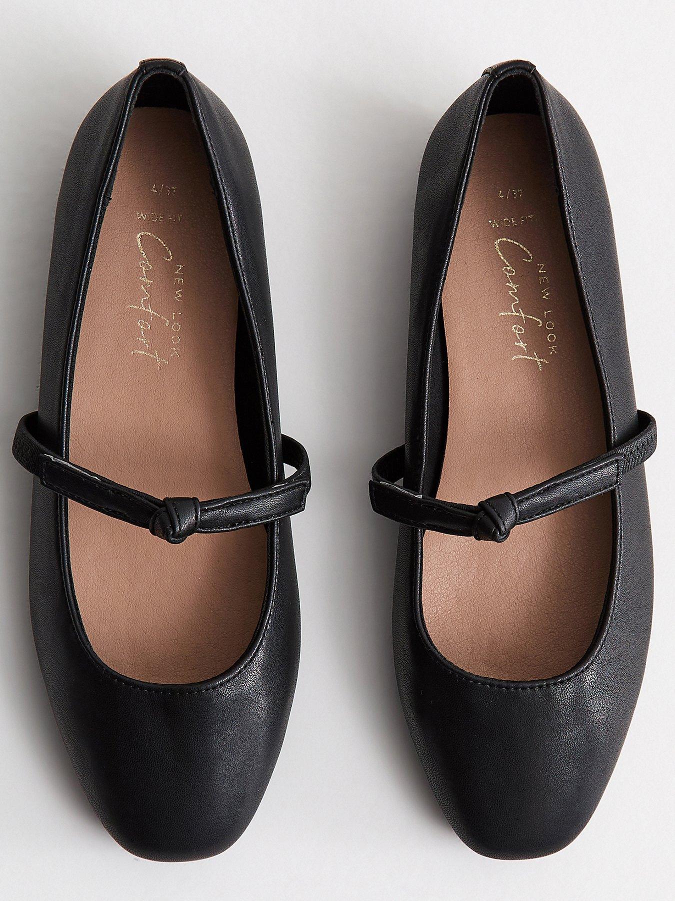 New Look Wide Fit Faux Leather Bow Strap Mary Jane Flats - Black ...