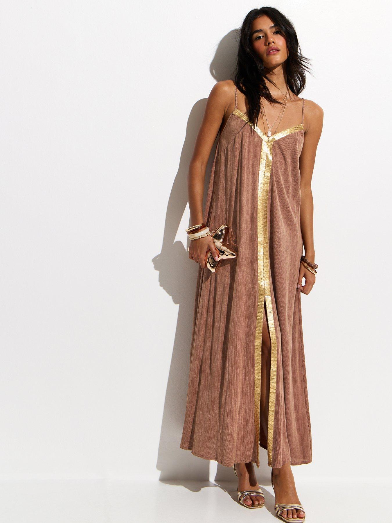 New Look Light Brown Sequin Trim Beach Maxi Dress