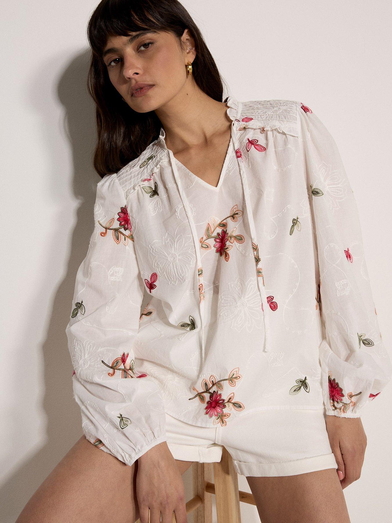 Apricot Floral Embroidery Pinktuck And Ruffle Detail Shirt