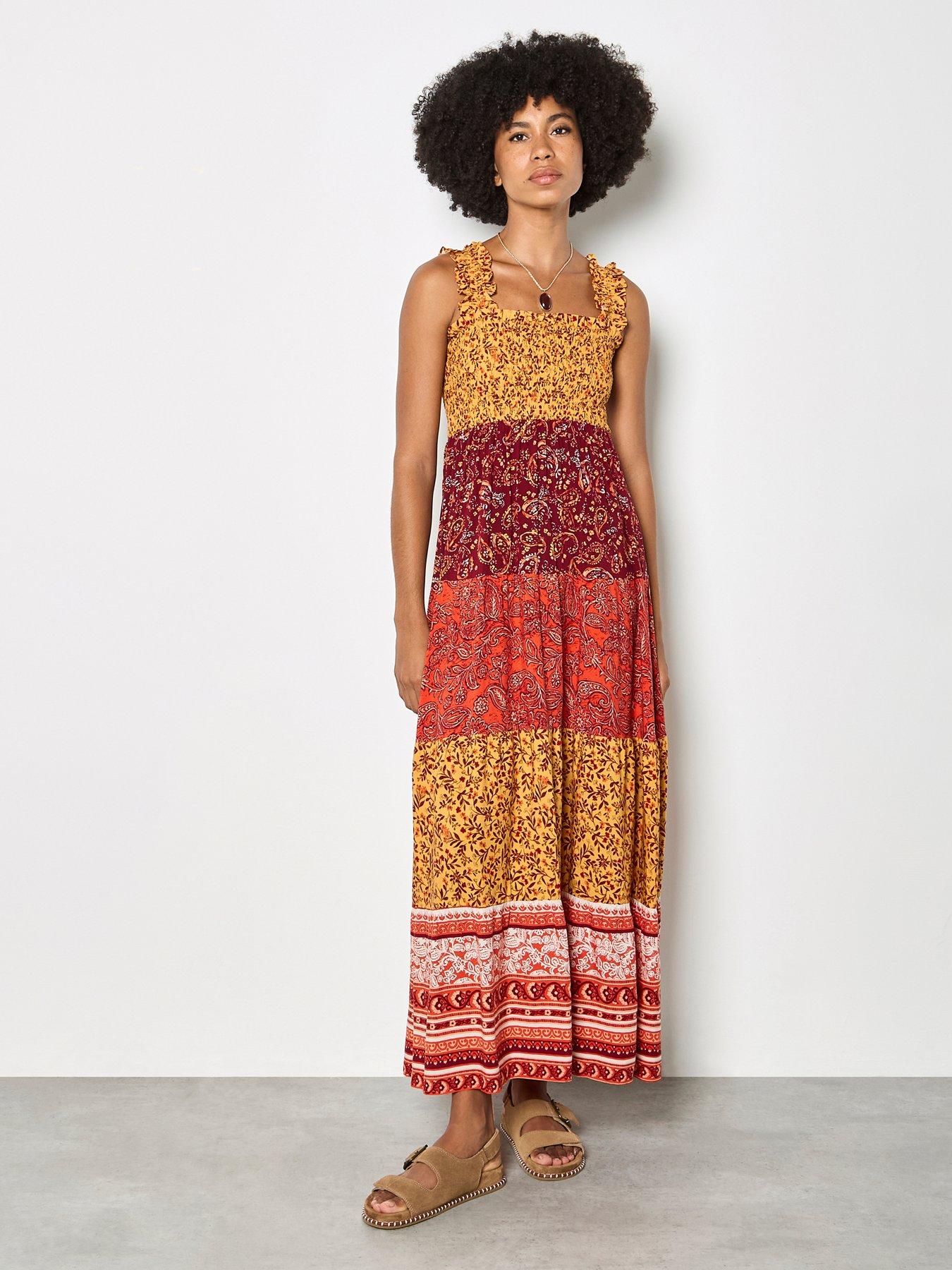 apricot-patchwork-tiered-maxi-dress