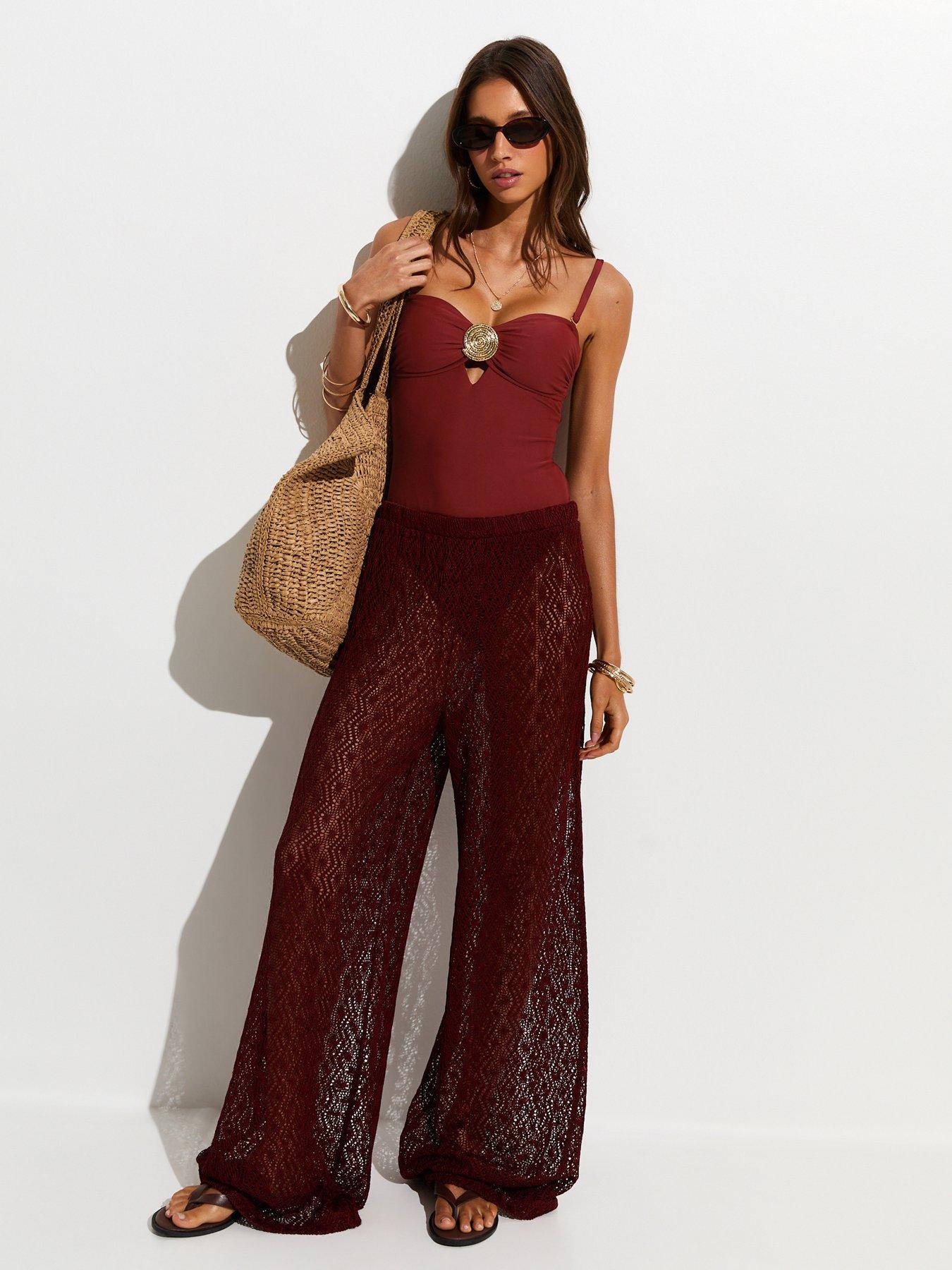 Image 3 of 6 of New Look Dark Red Tummy Control Shell Buckle Swimsuit