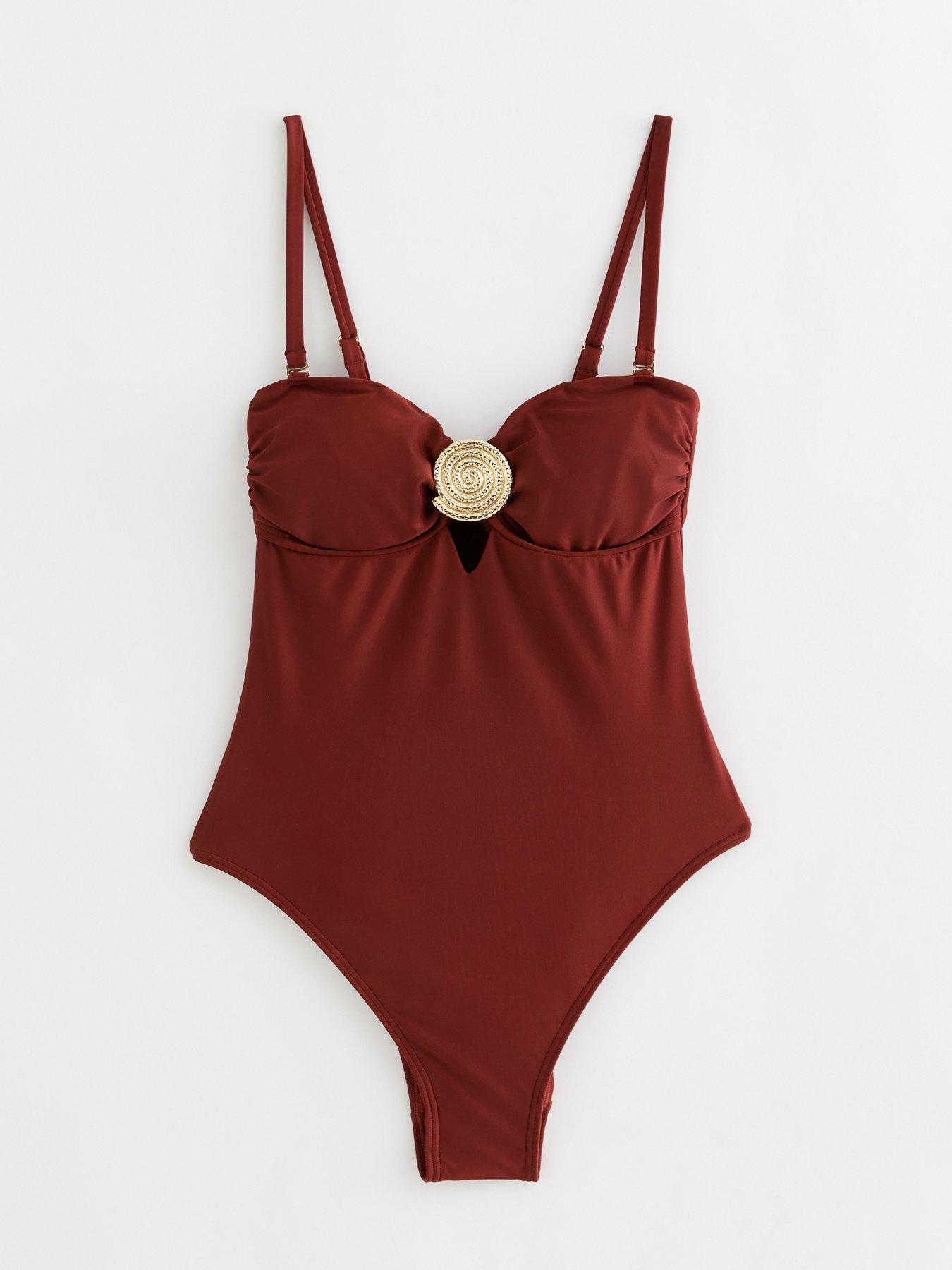 Image 6 of 6 of New Look Dark Red Tummy Control Shell Buckle Swimsuit