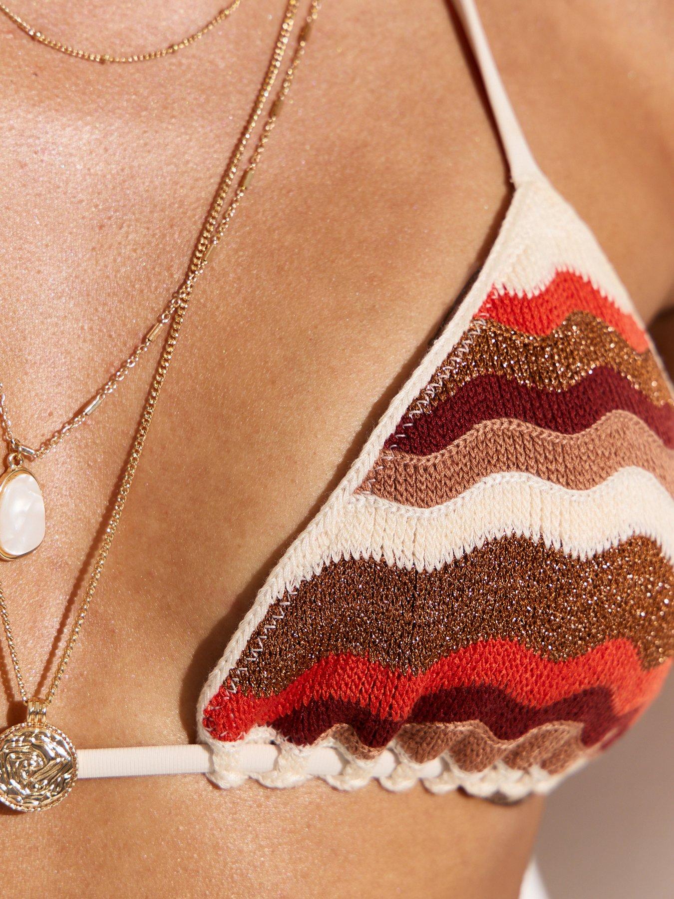 Image 5 of 6 of New Look Wavy Crochet Triangle Co-Ord Bikini Top - Brown