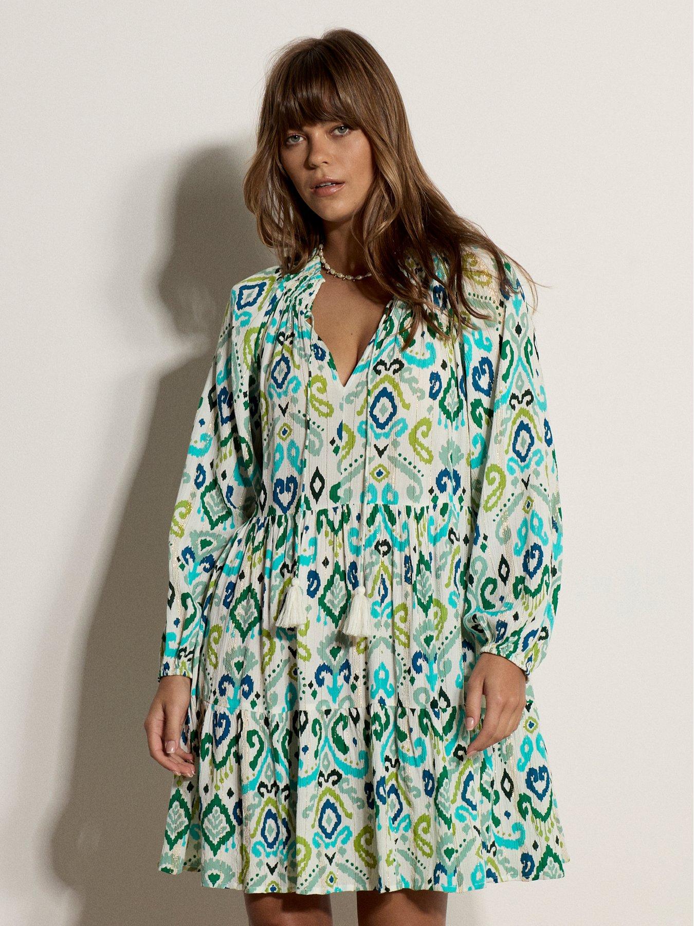 Apricot Ikat Lurex Chiffon Babydoll Tiered Ruffle Neck Dress - Blue