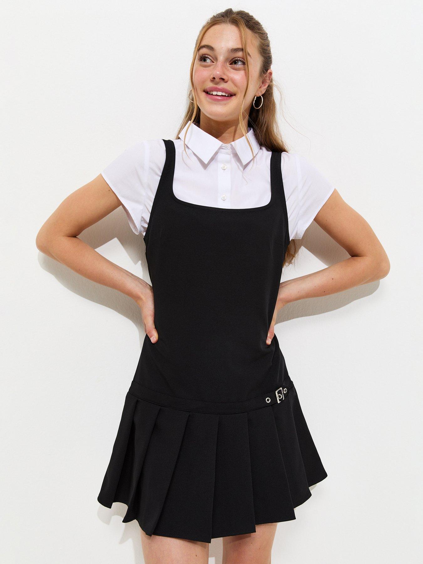 Image 1 of 4 of New Look 915 Girls Belted Drop&nbsp;waist Pleated School Dress - Black