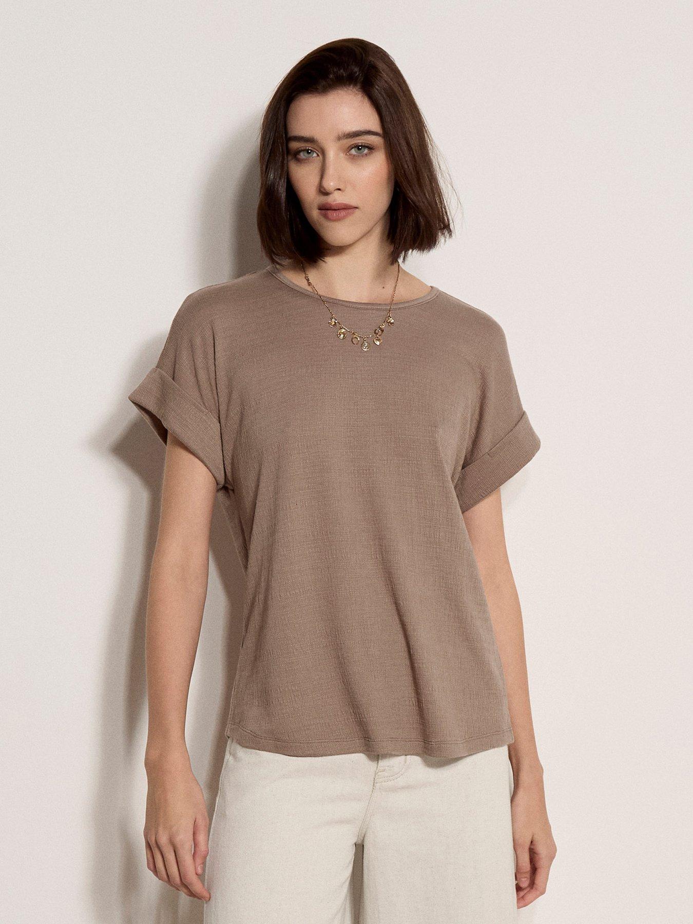 Apricot Apricot Turn-up Sleeve Button Back Textured Slub Tee