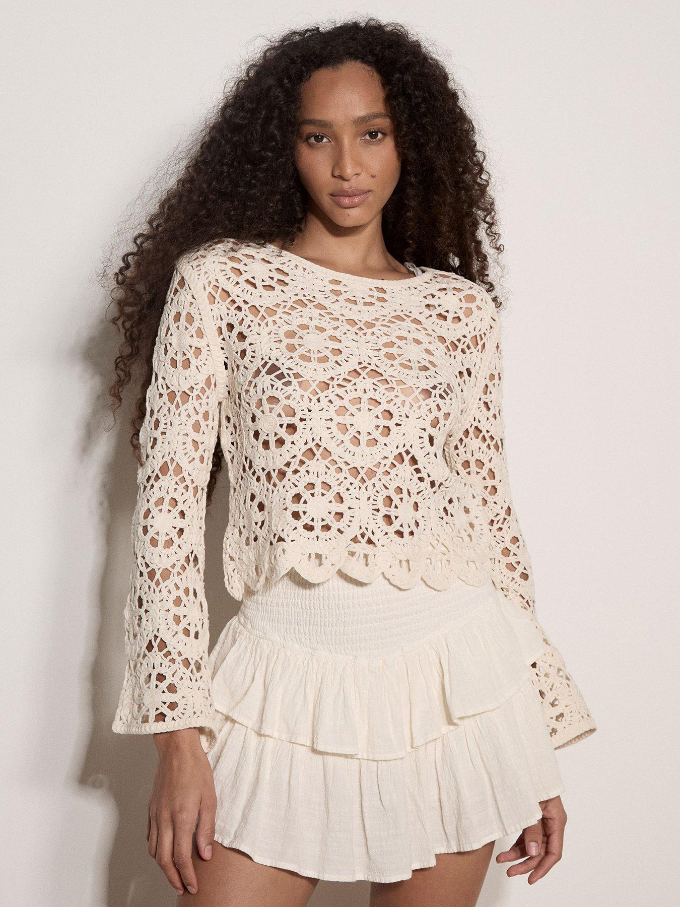 Apricot Floral Tape Yarn Crochet Scallop Edge Bell Sleeve Top