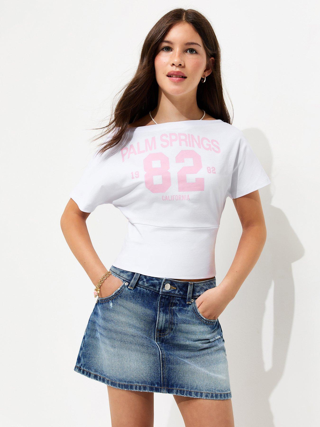 New Look 915 Girls White Cotton Rich Palm Springs Slash Neck T-shirt