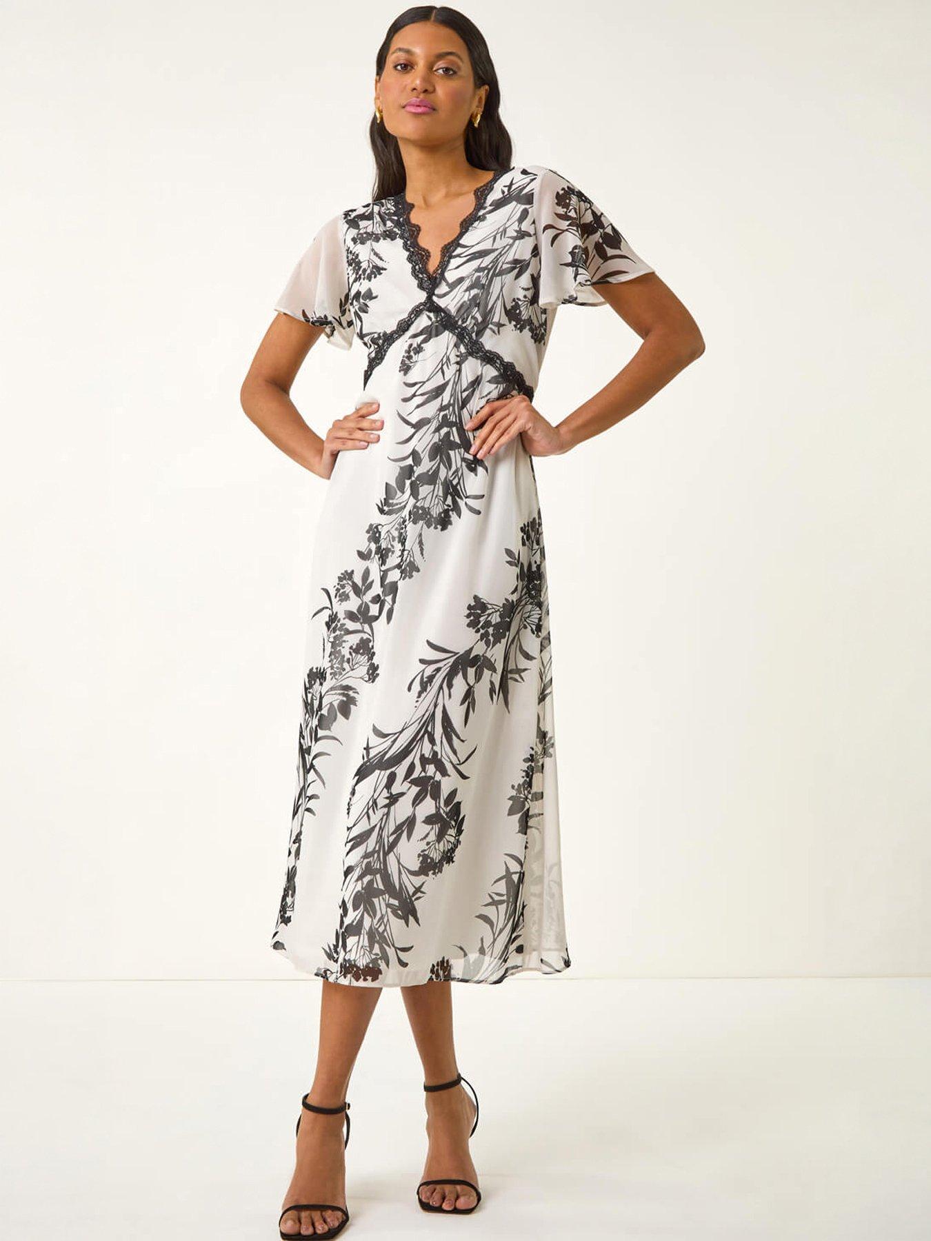Roman Lace Trim V-neck Chiffon Midi Dress