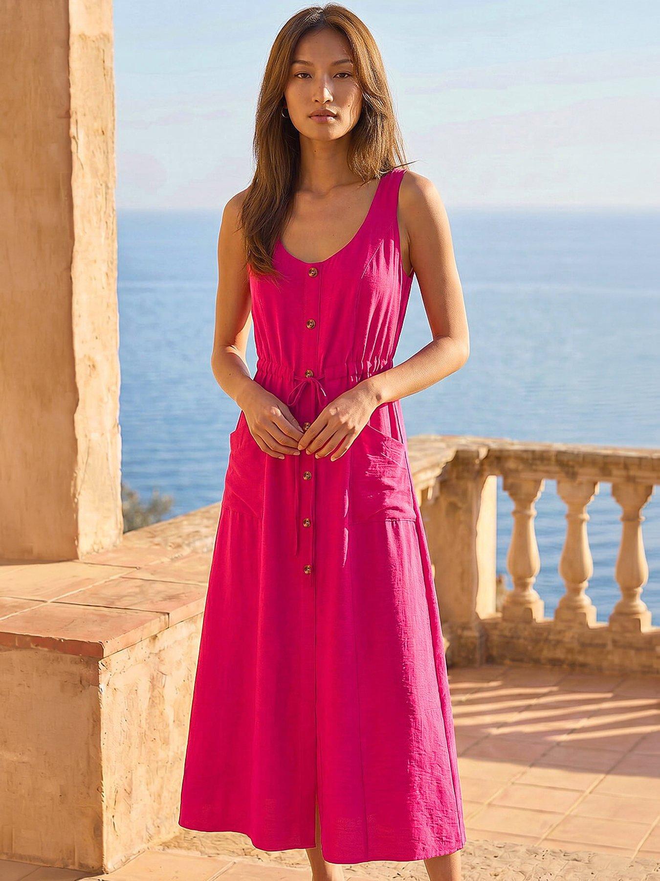 Roman Buttoned Tie Waist Midi Dress